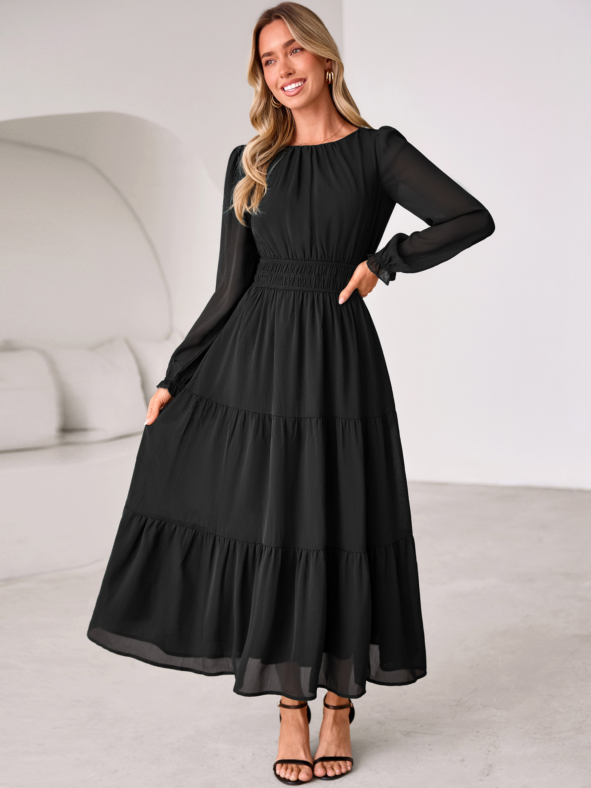 Crewneck Long Sleeve Tiered Chiffon Maxi Dress - Black