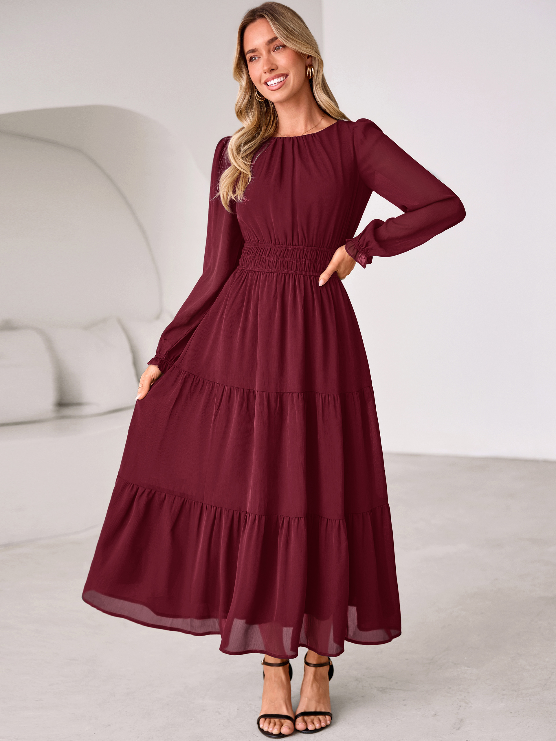 Crewneck Long Sleeve Tiered Chiffon Maxi Dress - Wine Red