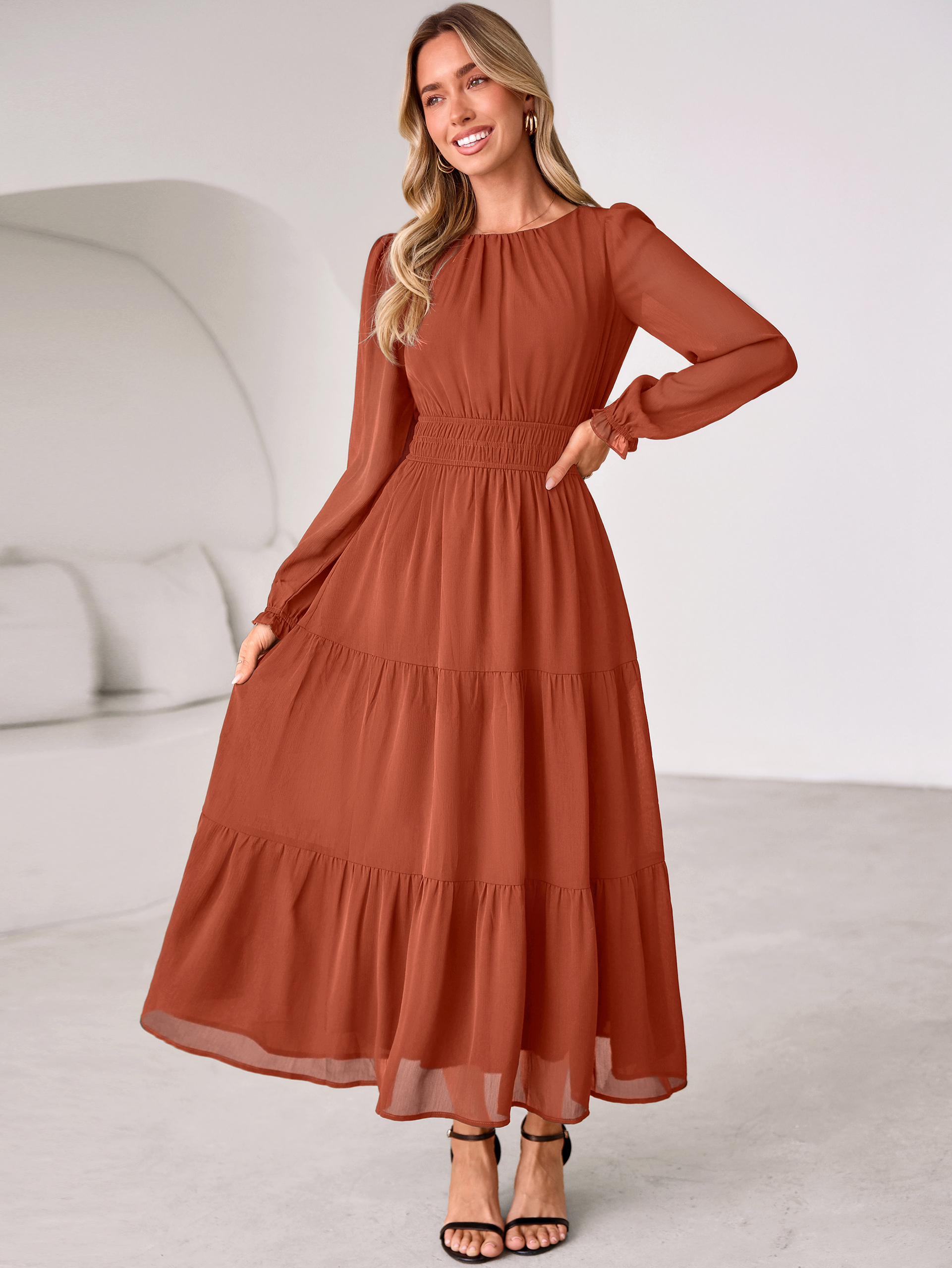 Crewneck Long Sleeve Tiered Chiffon Maxi Dress - Rust Orange