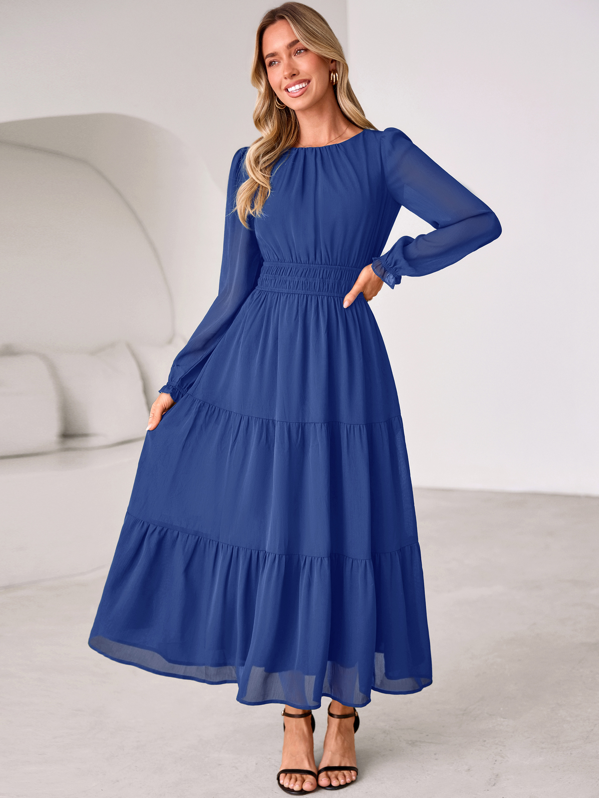 Crewneck Long Sleeve Tiered Chiffon Maxi Dress - Dark Blue