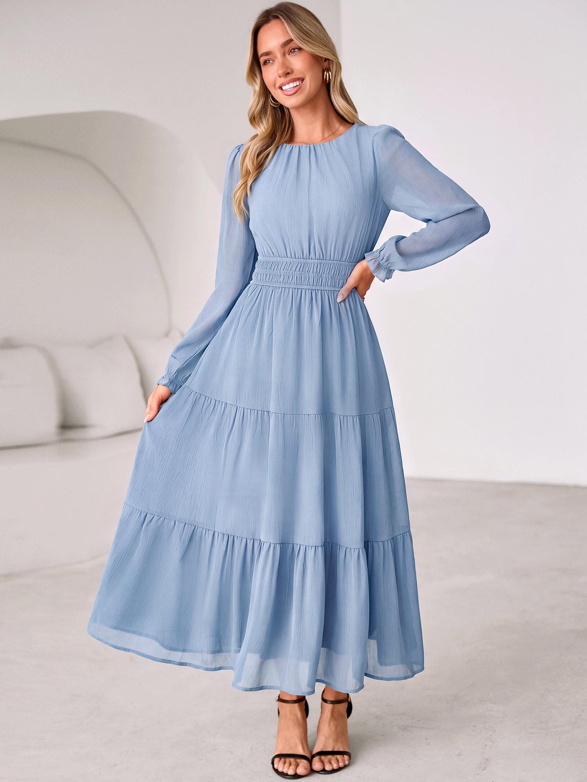 Crewneck Long Sleeve Tiered Chiffon Maxi Dress - Dusty Blue