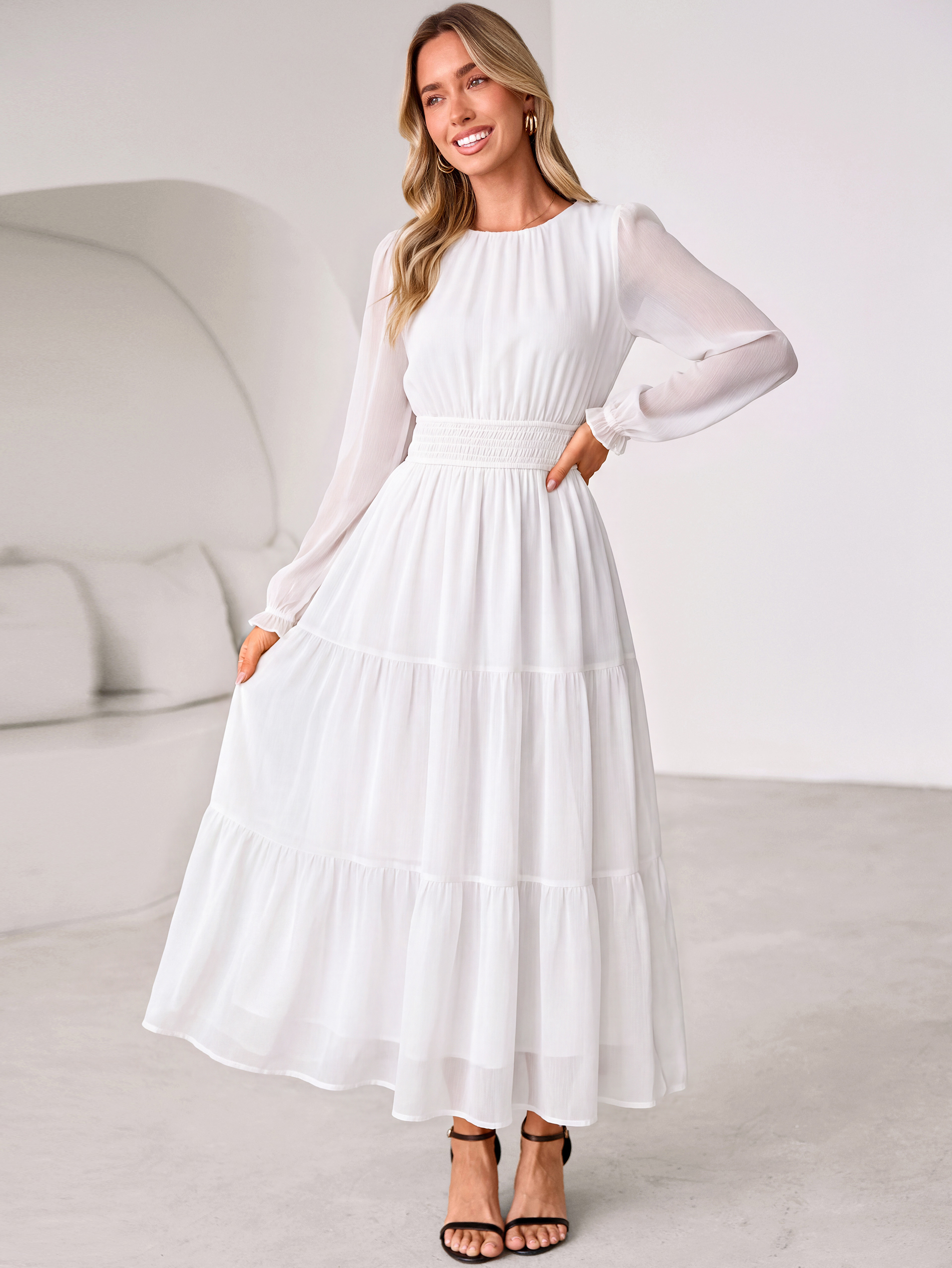 Crewneck Long Sleeve Tiered Chiffon Maxi Dress - White