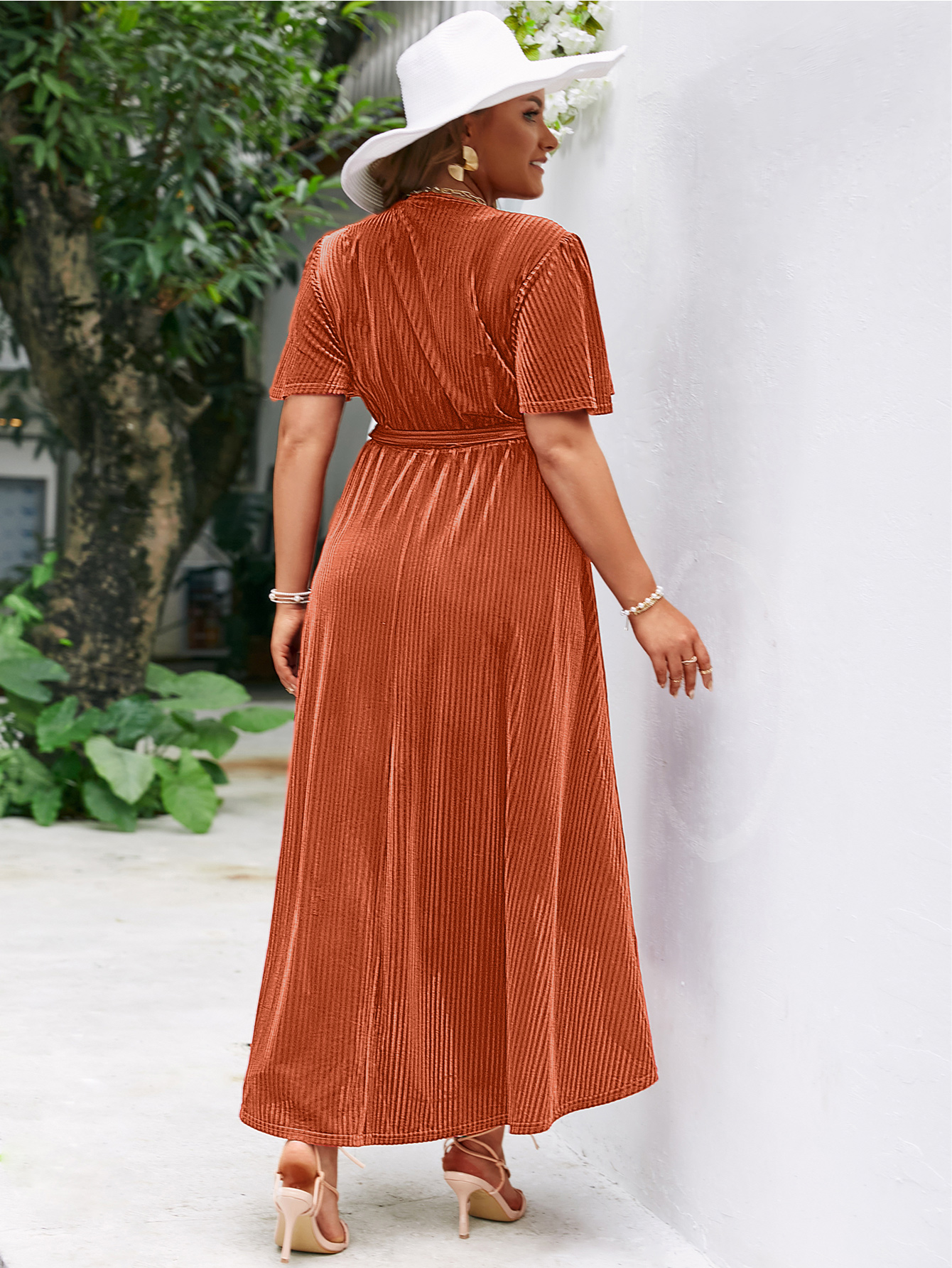 Plus Size Velvet V Neck Short Sleeve Wrap Maxi Dress - Pumpkin