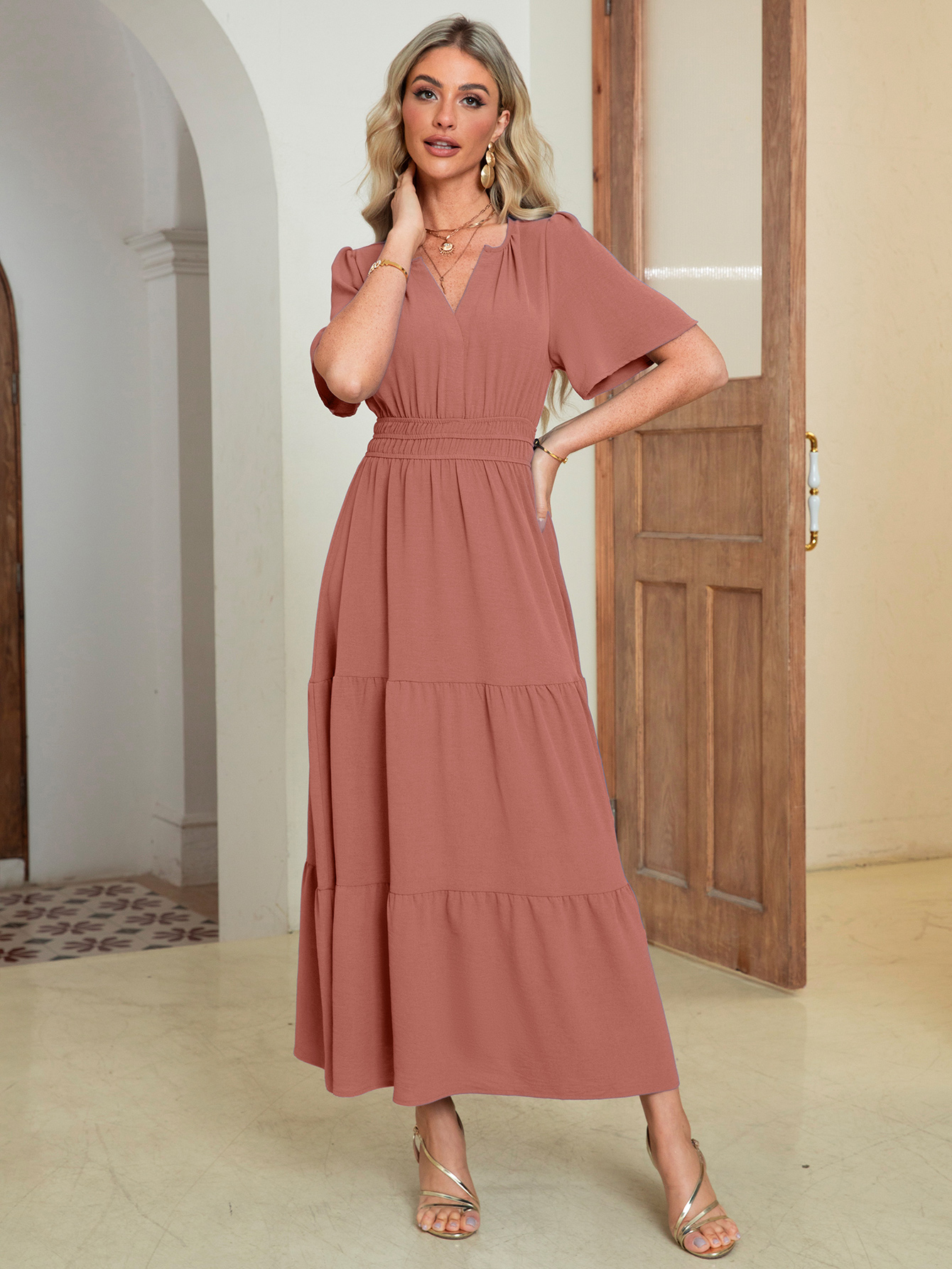 Somerset Flutter Sleeve Tiered Ruffle Maxi Dress - Rust Pink