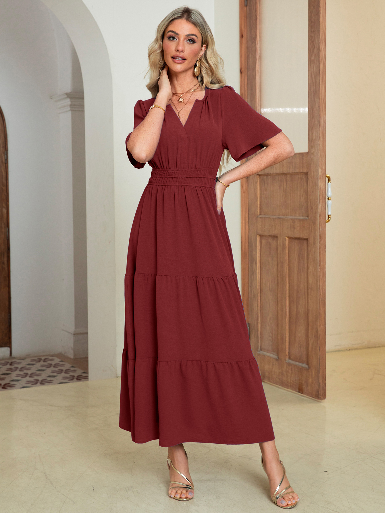 Somerset Flutter Sleeve Tiered Ruffle Maxi Dress - Burgundy