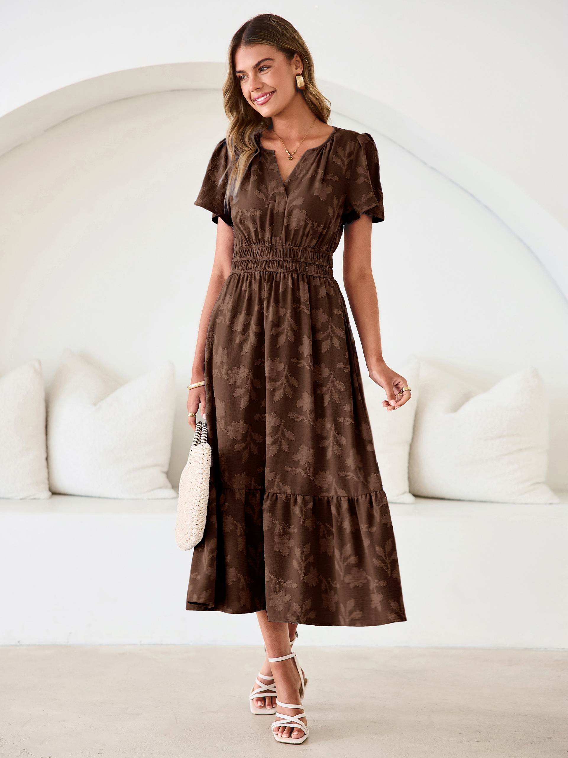 V Neck Burnout Floral Ruffle Maxi Dress - Chocolate Brown