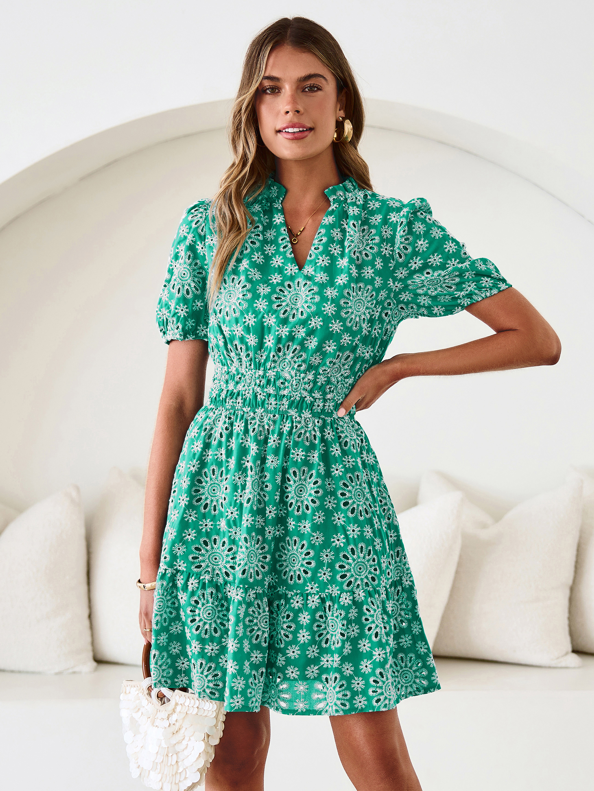 Eyelet Embroidery V Neck Smocked Mini Dress