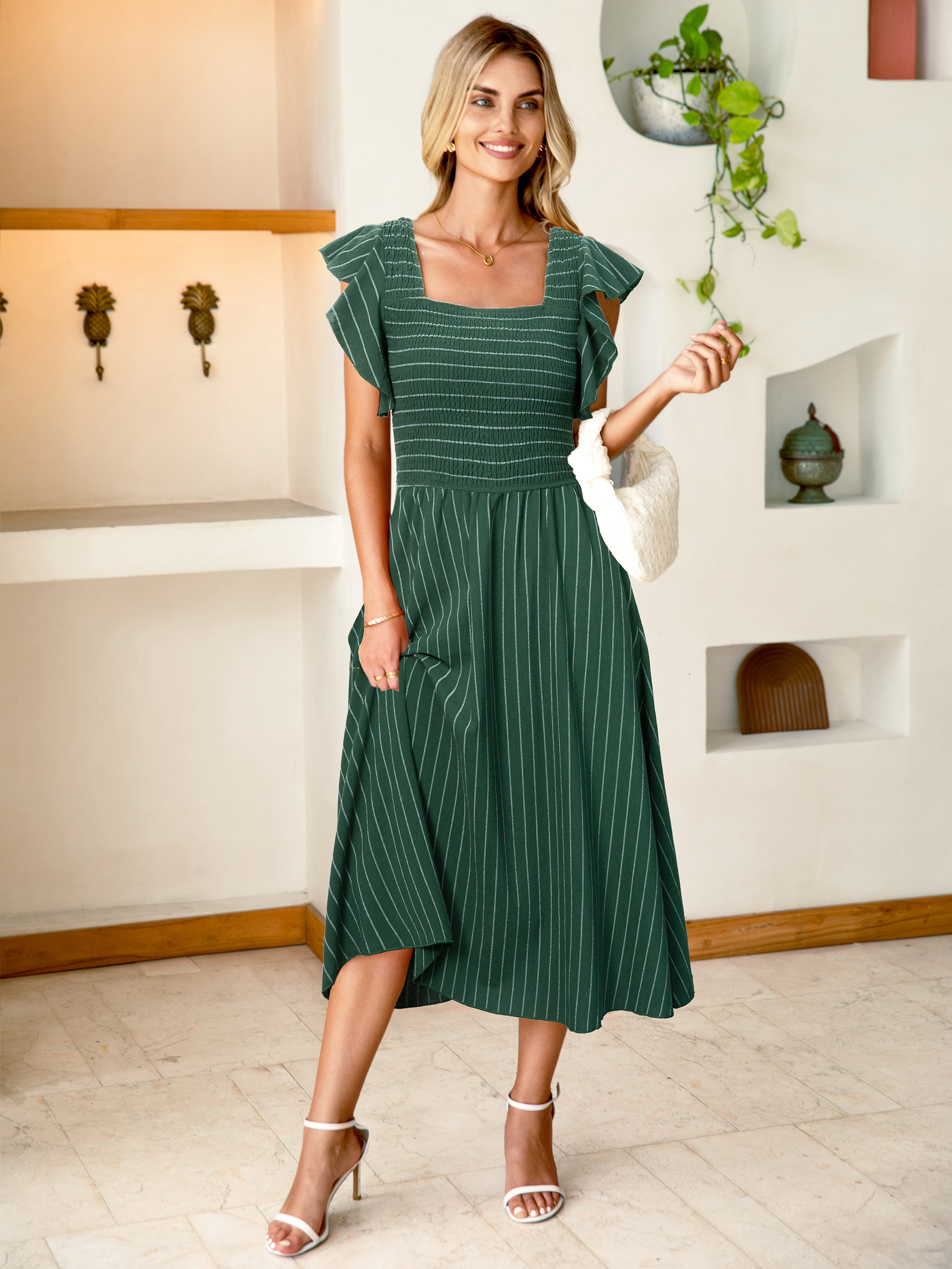 Ruffle Sleeve Smocked Square Neck Striped Midi Dress