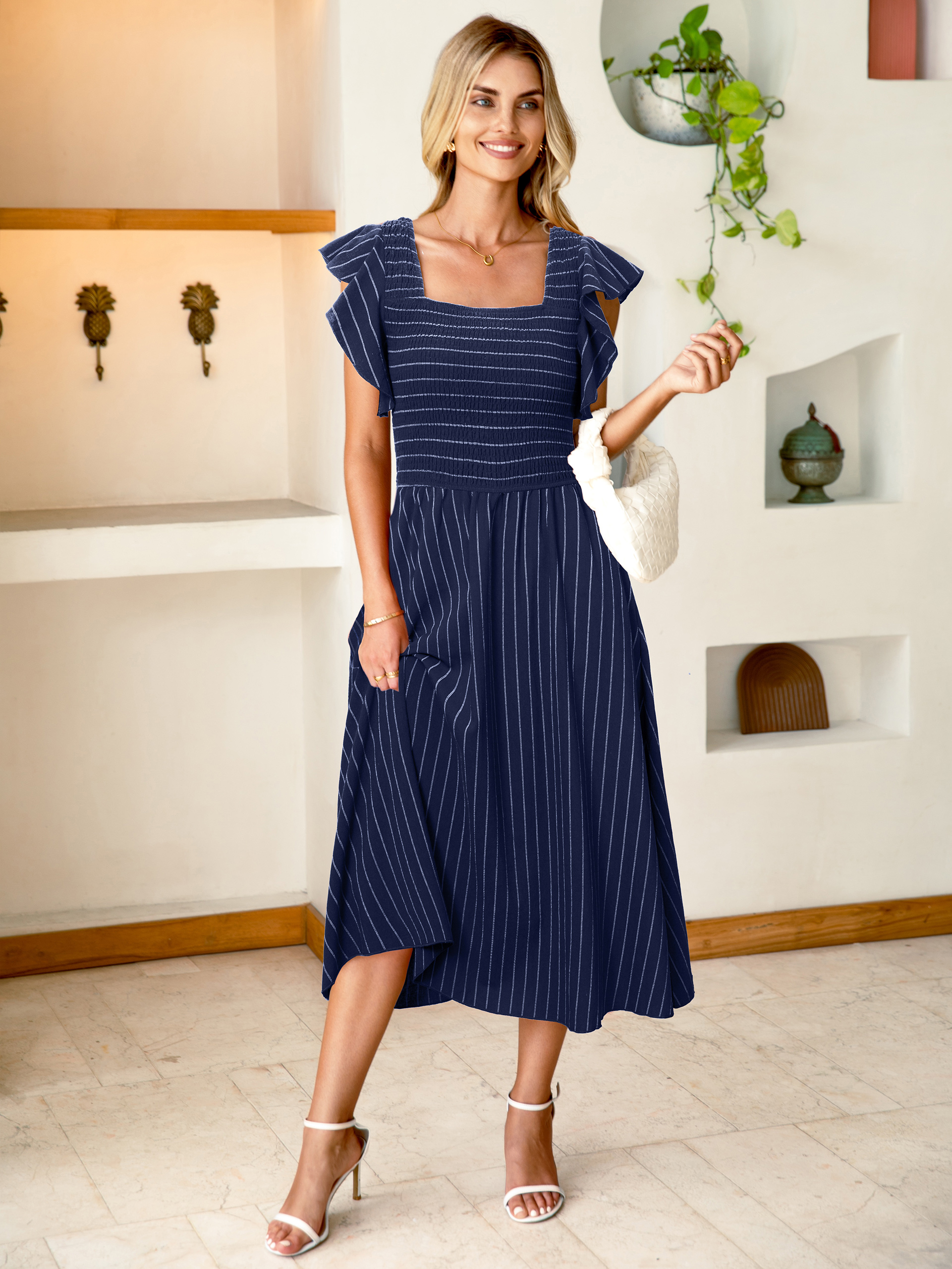 Ruffle Sleeve Smocked Square Neck Striped Midi Dress