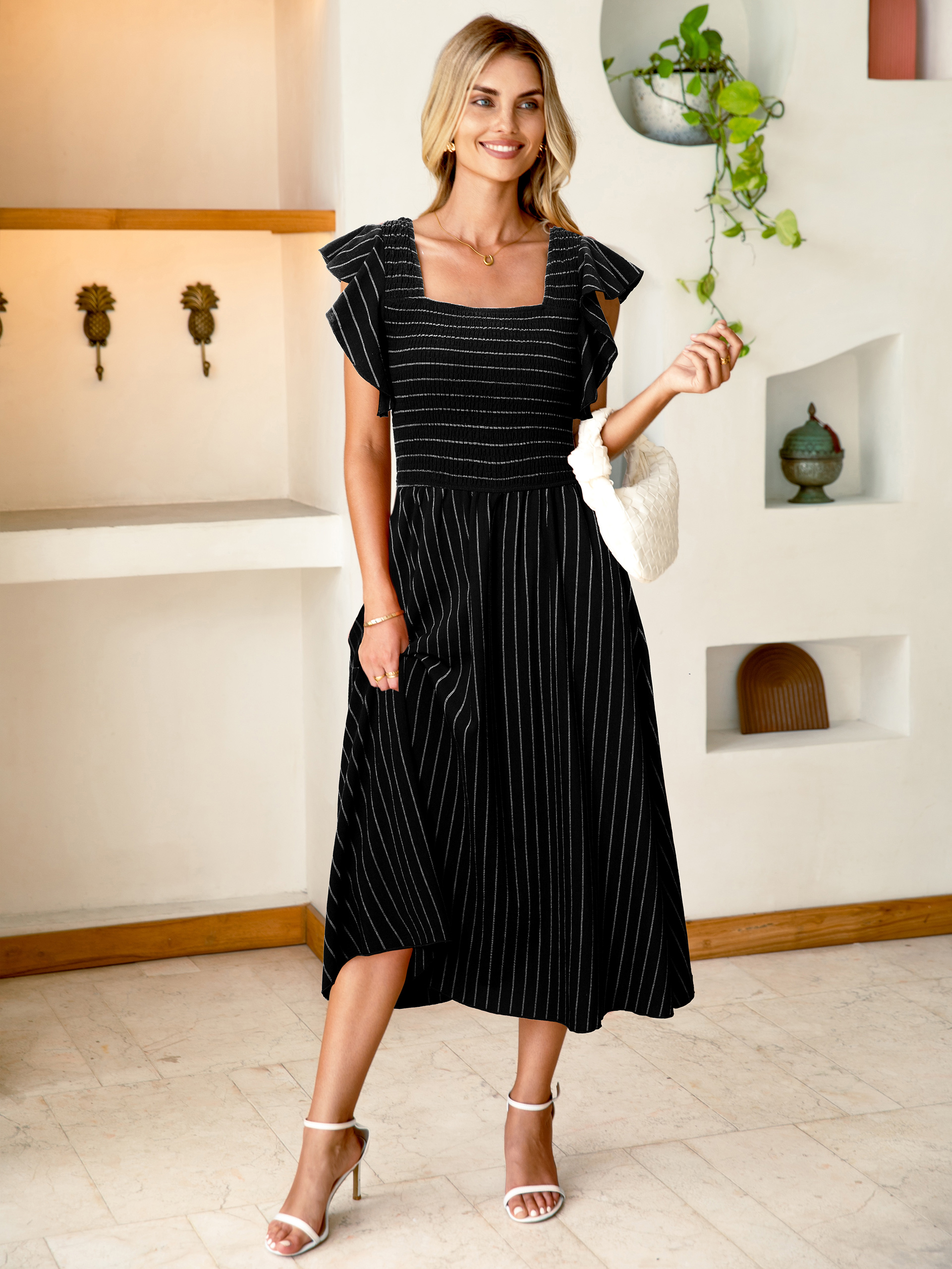 Ruffle Sleeve Smocked Square Neck Striped Midi Dress