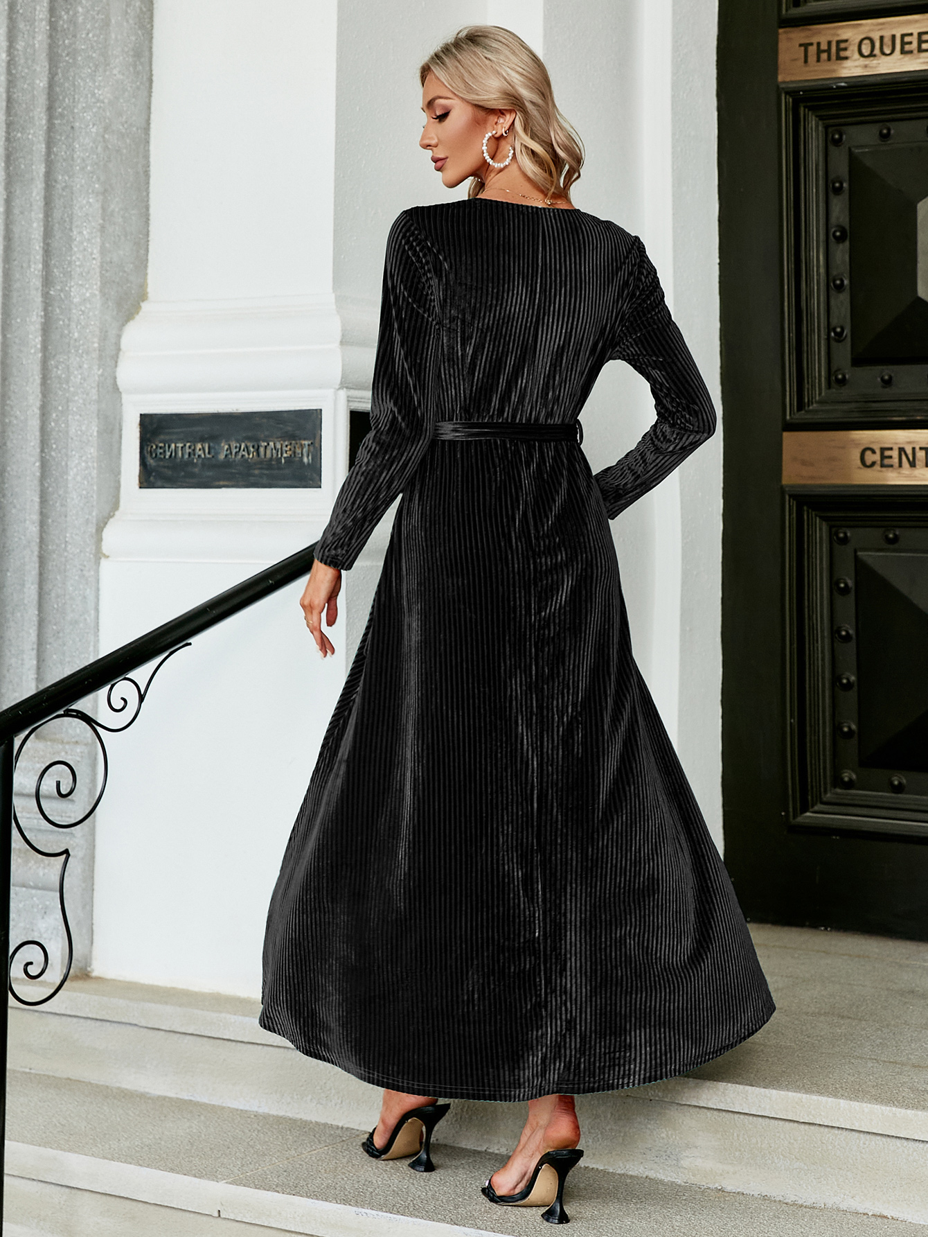 Velvet V-Neck Long Sleeve Slit Belted Wrap Maxi Dress