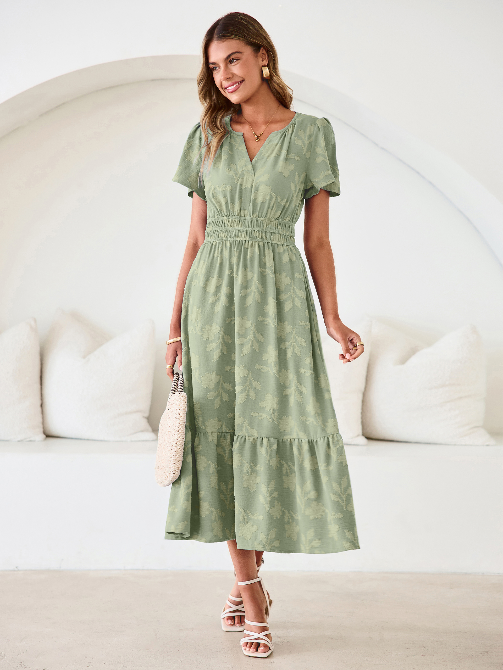 V Neck Burnout Floral Ruffle Maxi Dress - Sage Green