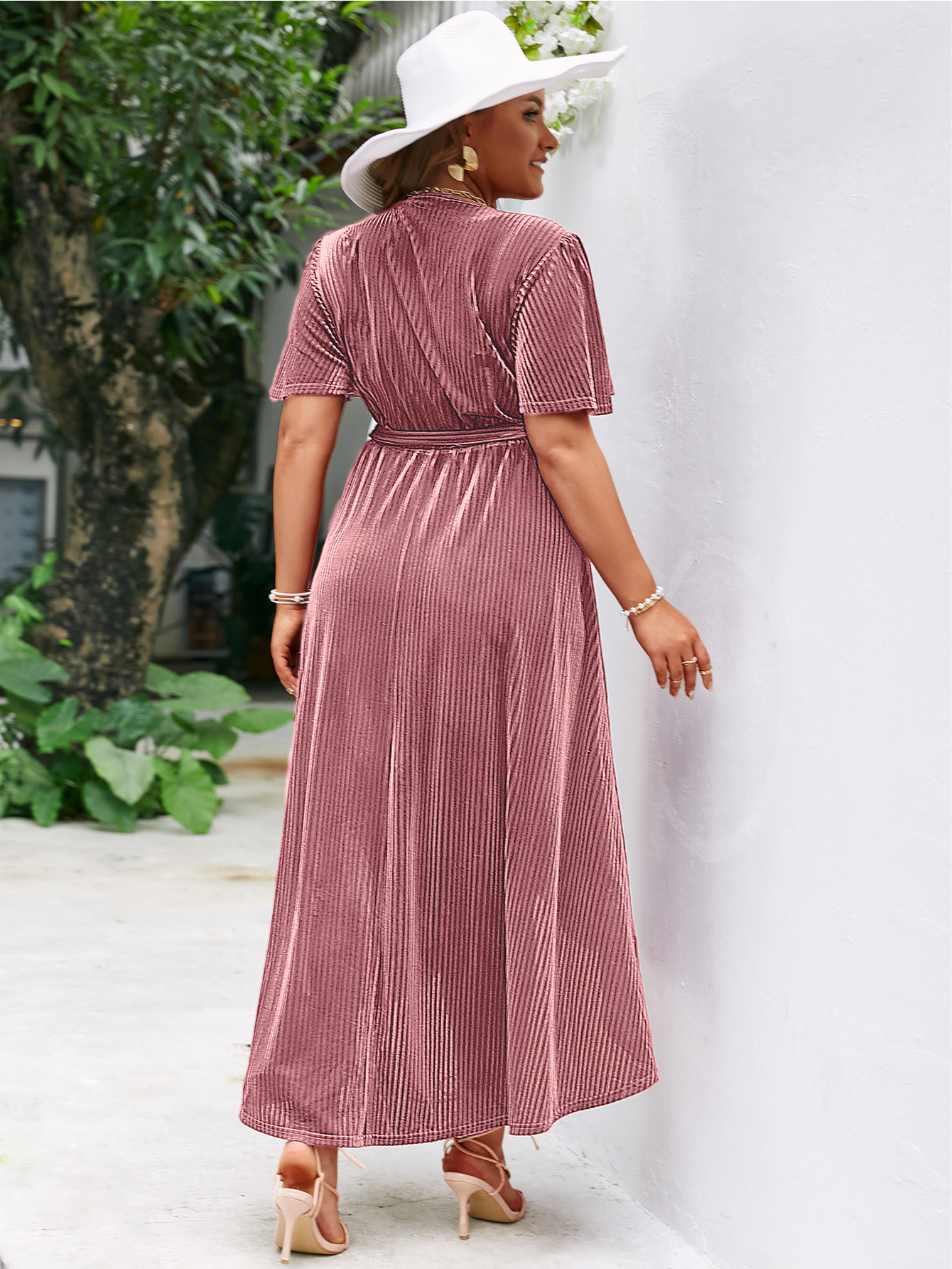 Plus Size Velvet V Neck Short Sleeve Wrap Maxi Dress