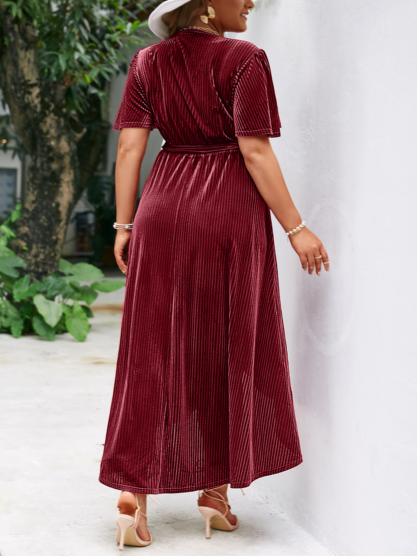 Plus Size Velvet V Neck Short Sleeve Wrap Maxi Dress