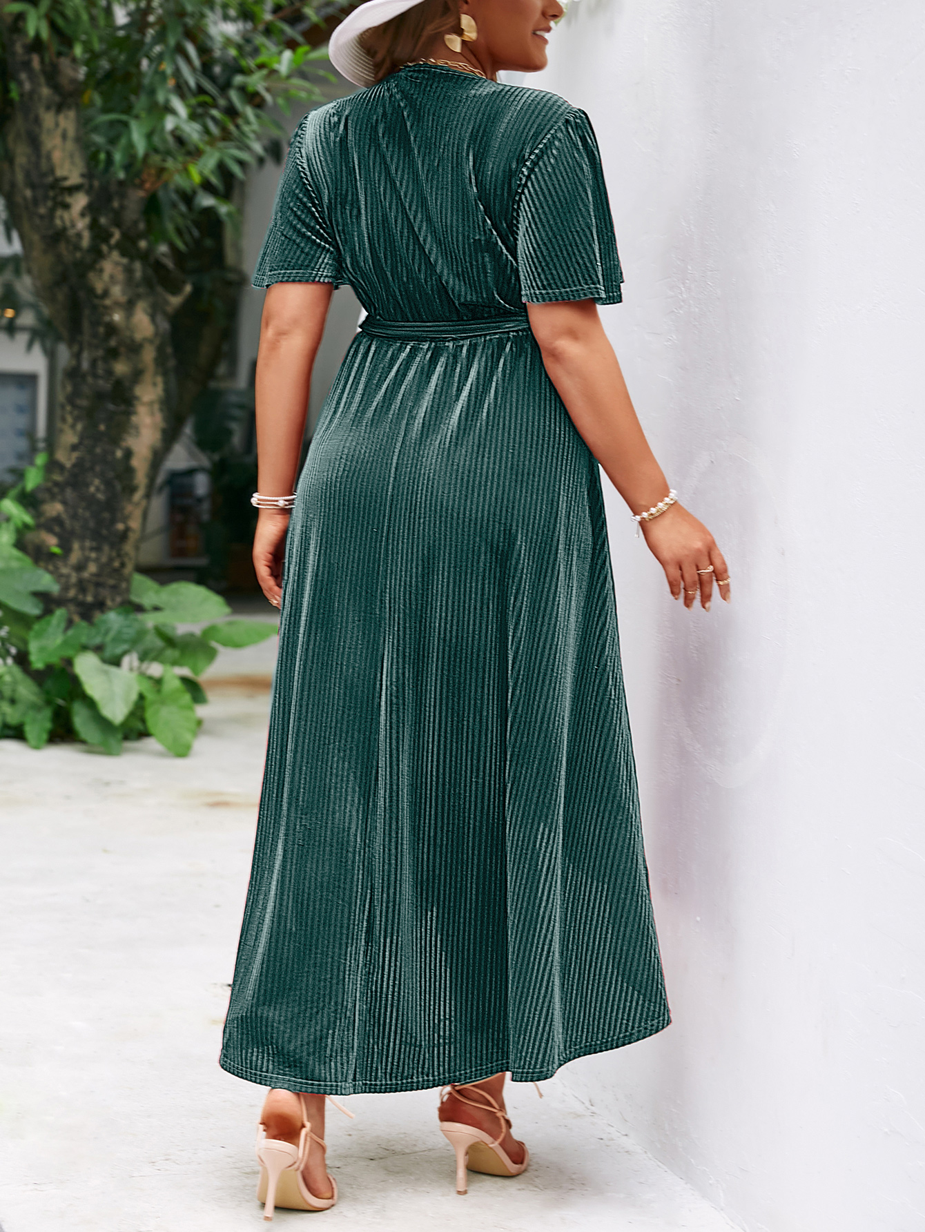 Plus Size Velvet V Neck Short Sleeve Wrap Maxi Dress