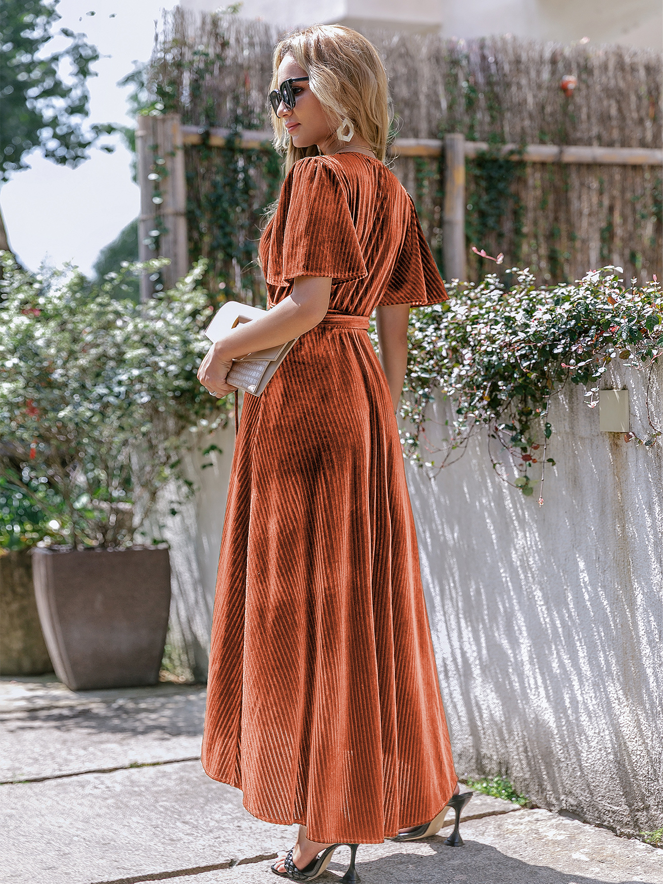 Velvet V-Neck Short Sleeve Belted Wrap Maxi Dress