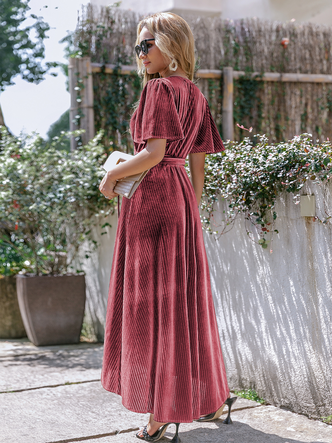 Velvet V-Neck Short Sleeve Belted Wrap Maxi Dress