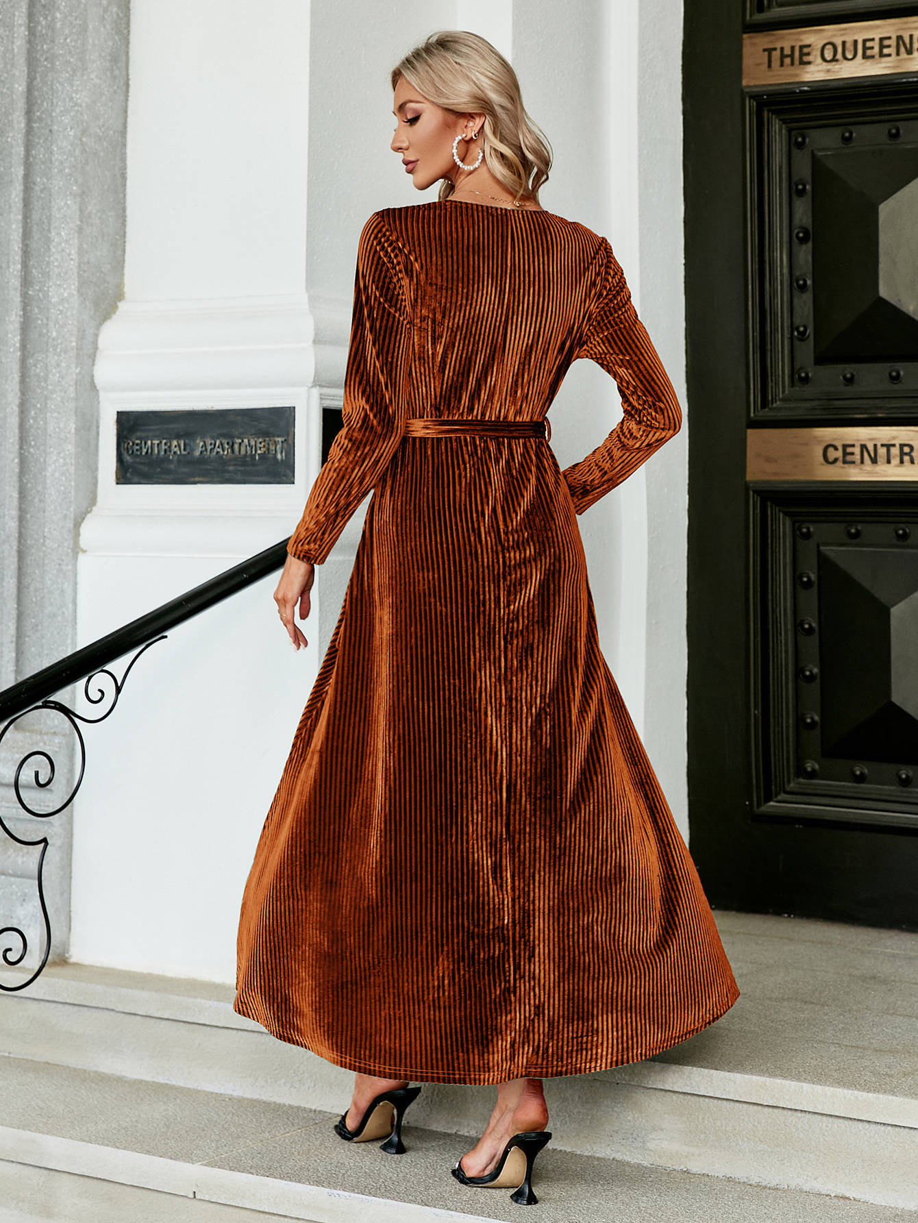 Velvet V-Neck Long Sleeve Slit Belted Wrap Maxi Dress - Burnt Orange
