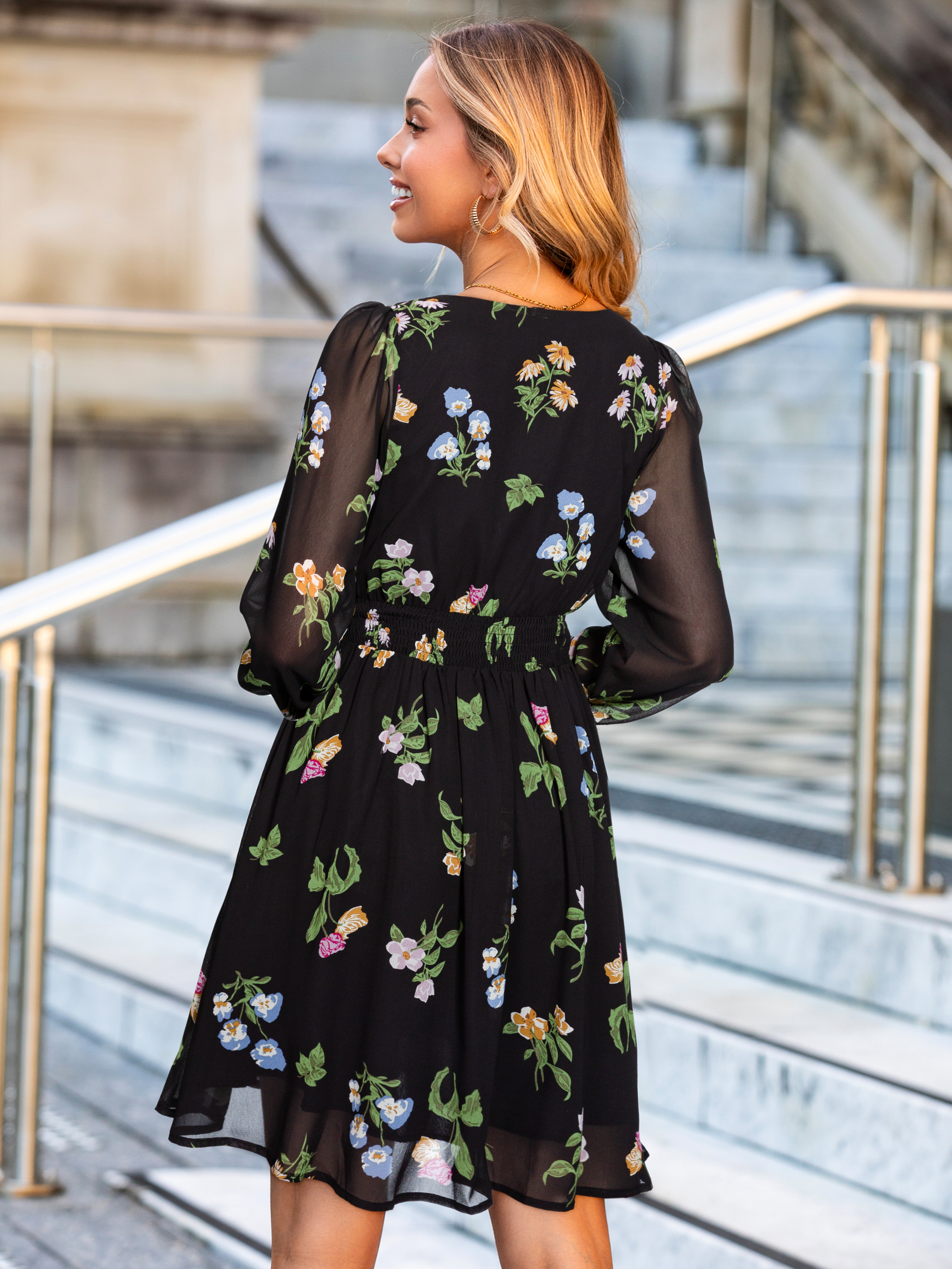 Boho Flowy Floral Chiffon Wedding Guest Mini Dress