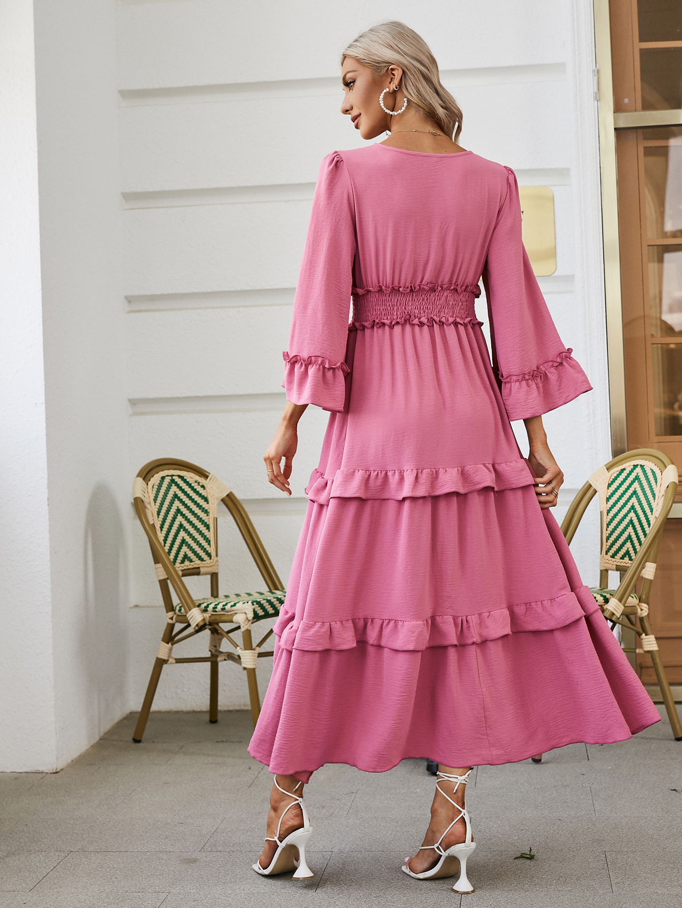 Long Sleeve Tiered Ruffle Smocked Flare Maxi Dress - Pink
