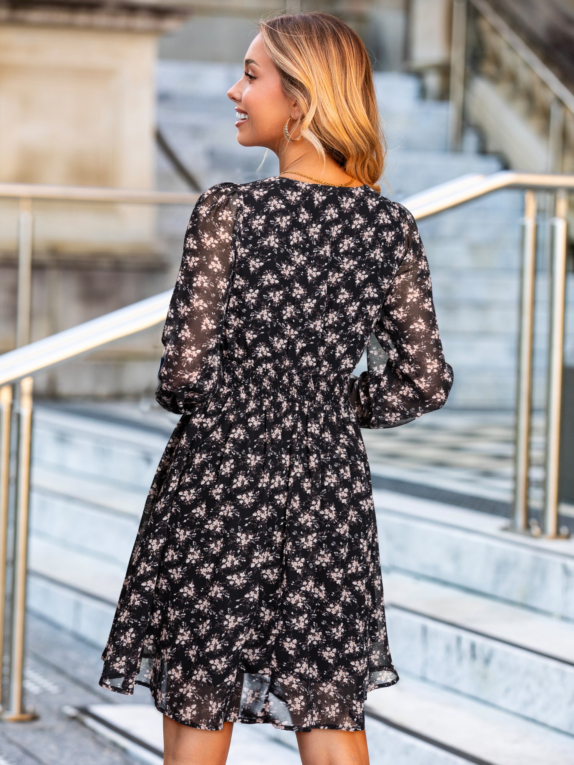 Boho Flowy Floral Chiffon Wedding Guest Mini Dress