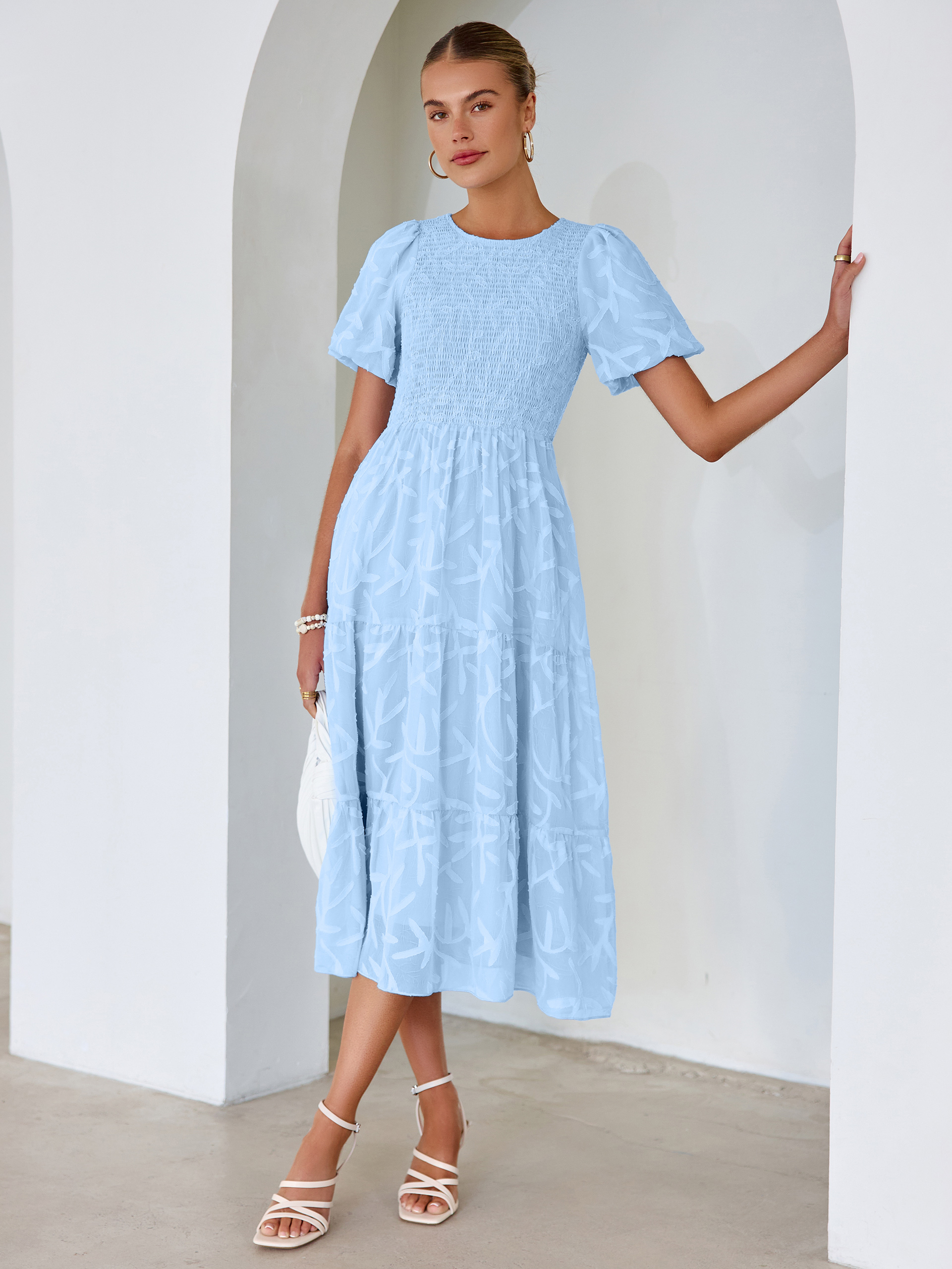 Puff Sleeve A Line Tiered Chiffon Maxi Dress - Light Blue