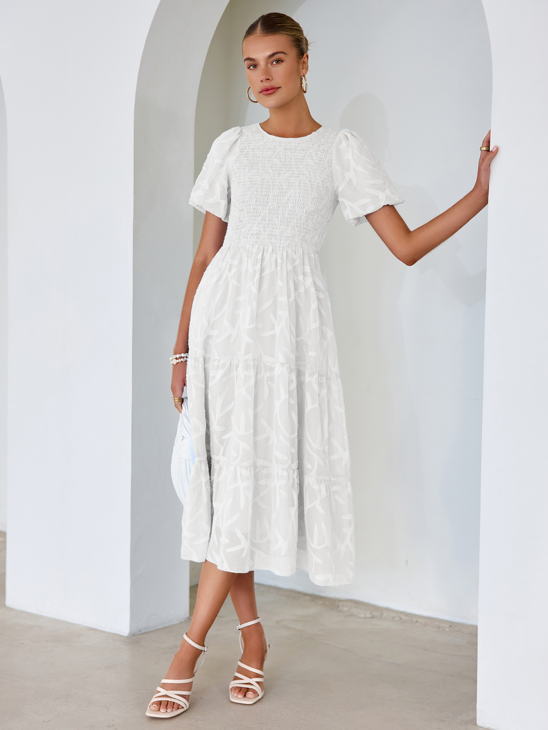 Puff Sleeve A Line Tiered Chiffon Maxi Dress - White