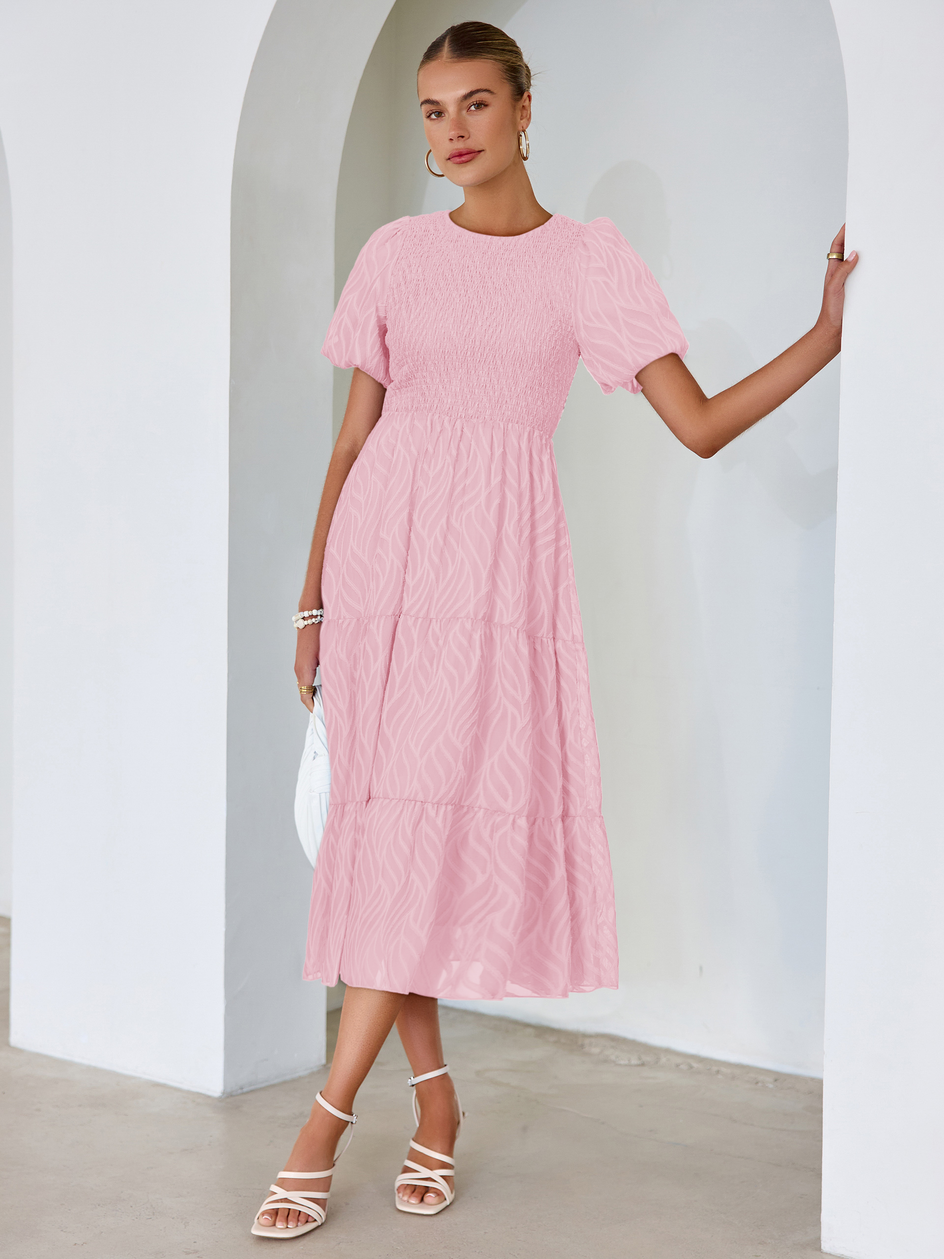 Puff Sleeve A Line Tiered Chiffon Maxi Dress - Pink