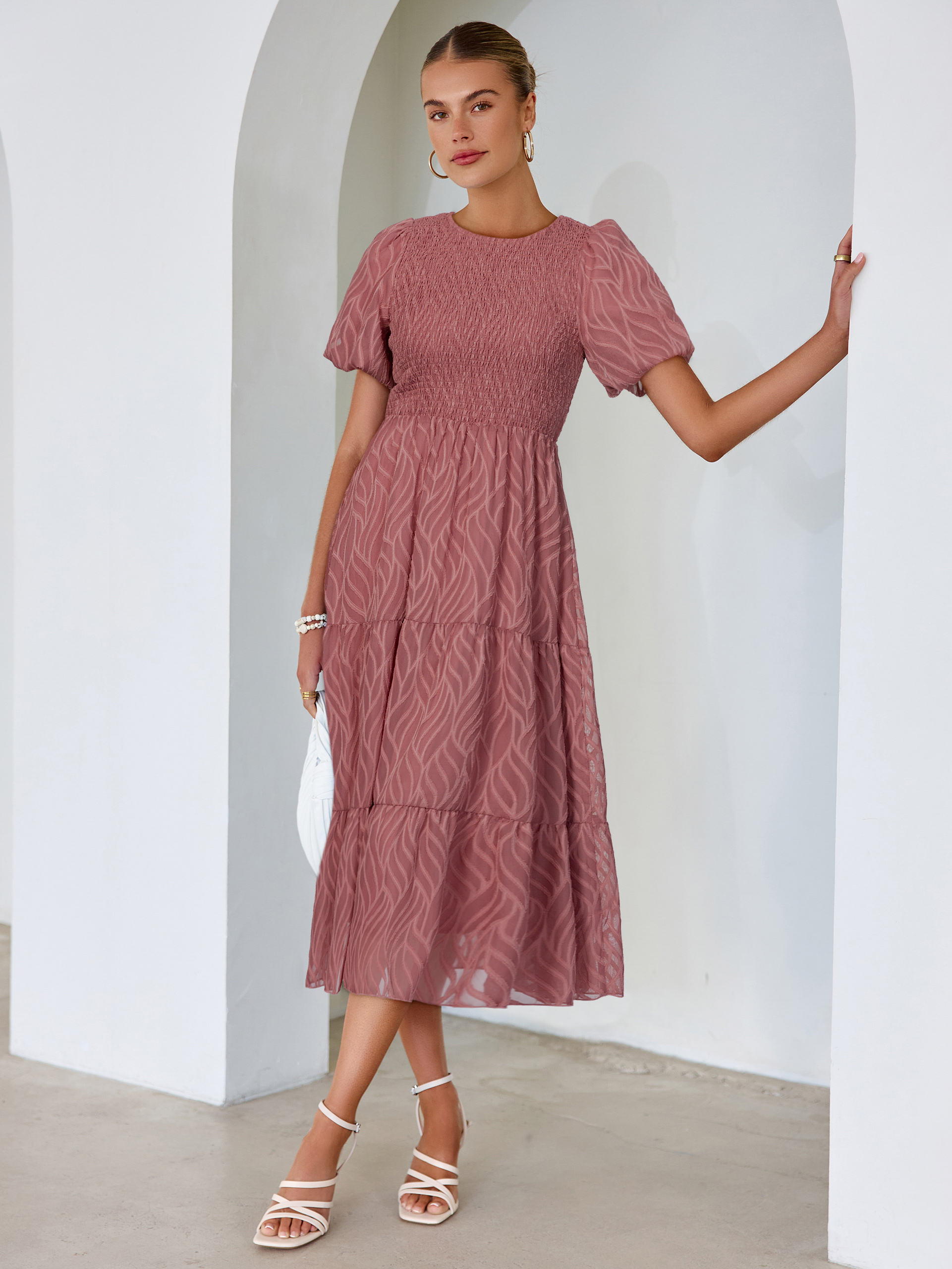 Puff Sleeve A Line Tiered Chiffon Maxi Dress - Rust Red