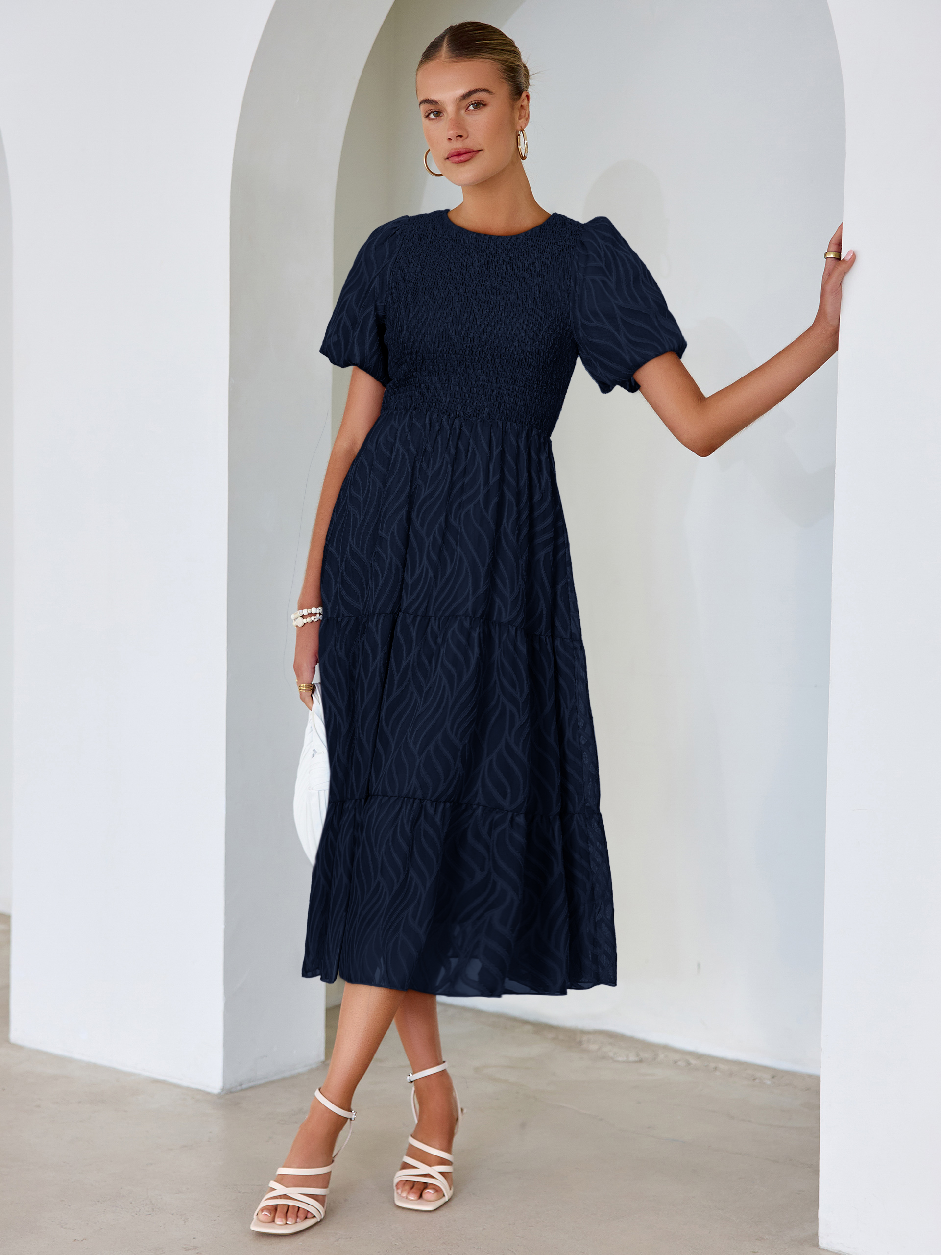 Puff Sleeve A Line Tiered Chiffon Maxi Dress - Navy Blue
