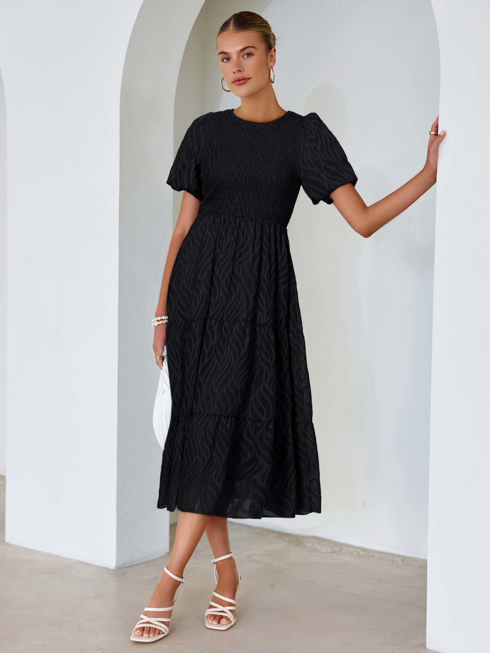 Puff Sleeve A Line Tiered Chiffon Maxi Dress - Black