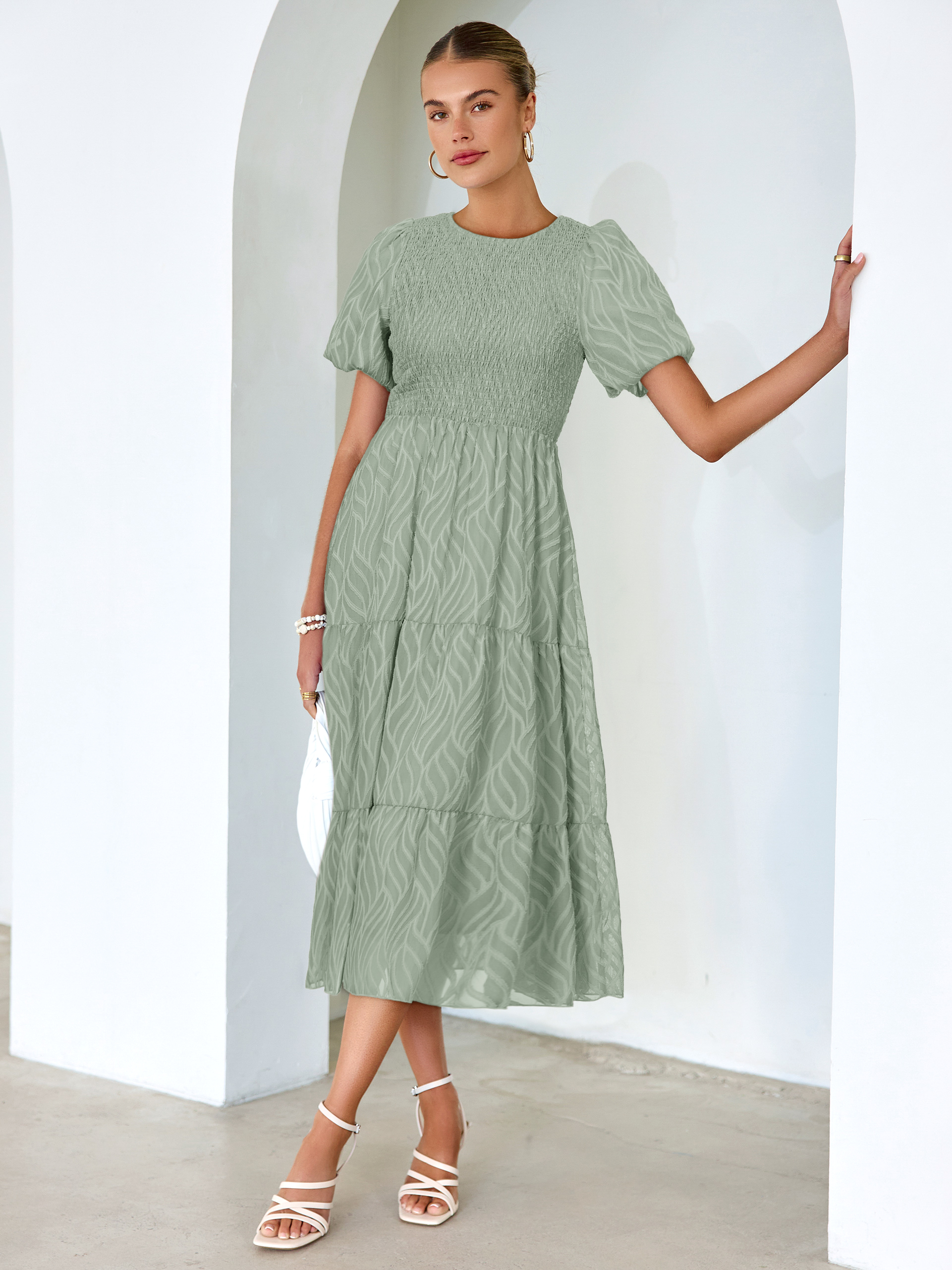 Puff Sleeve A Line Tiered Chiffon Maxi Dress - Sage Green