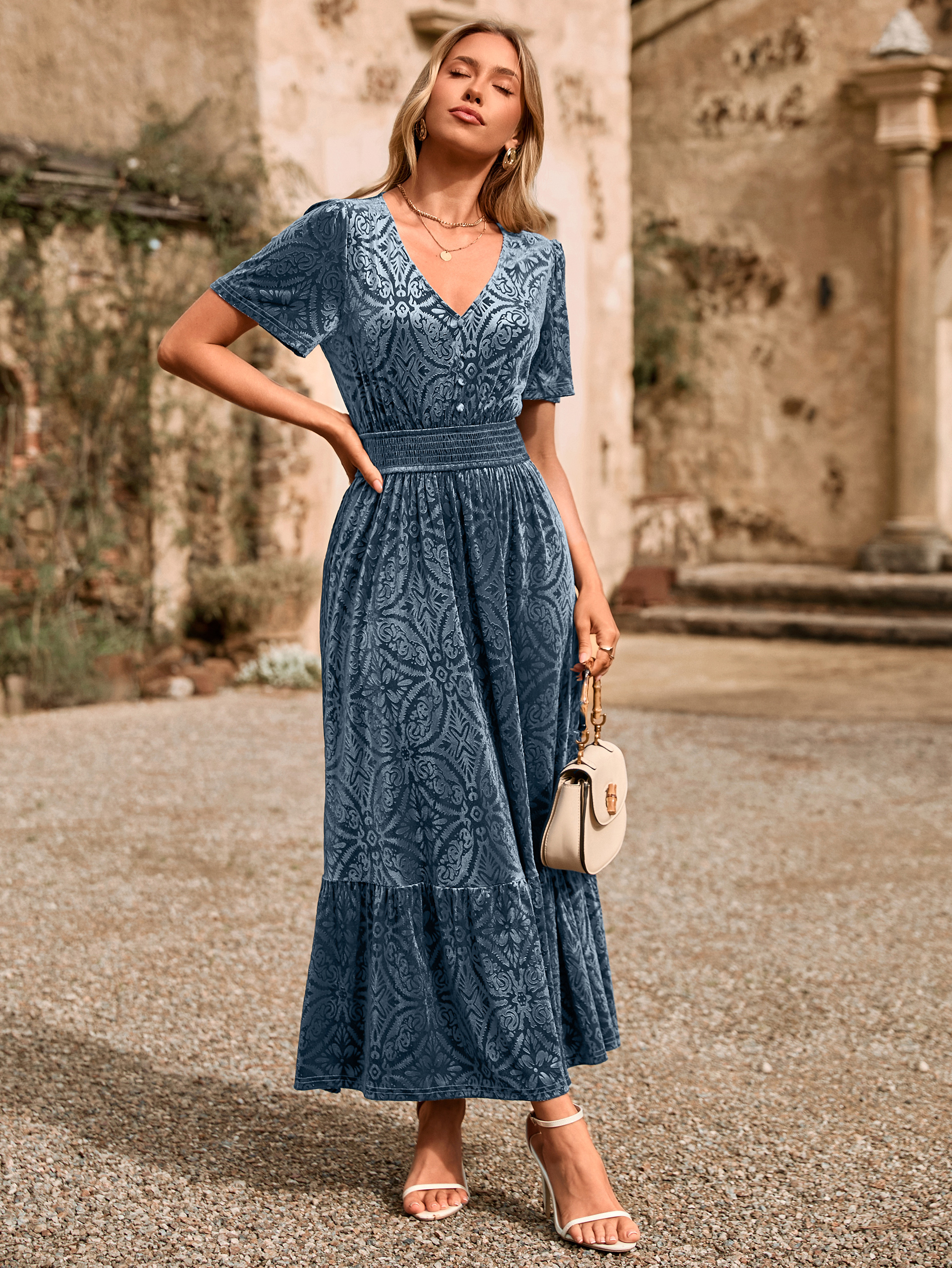 Velvet Floral V Neck Wedding Guest Maxi Dress