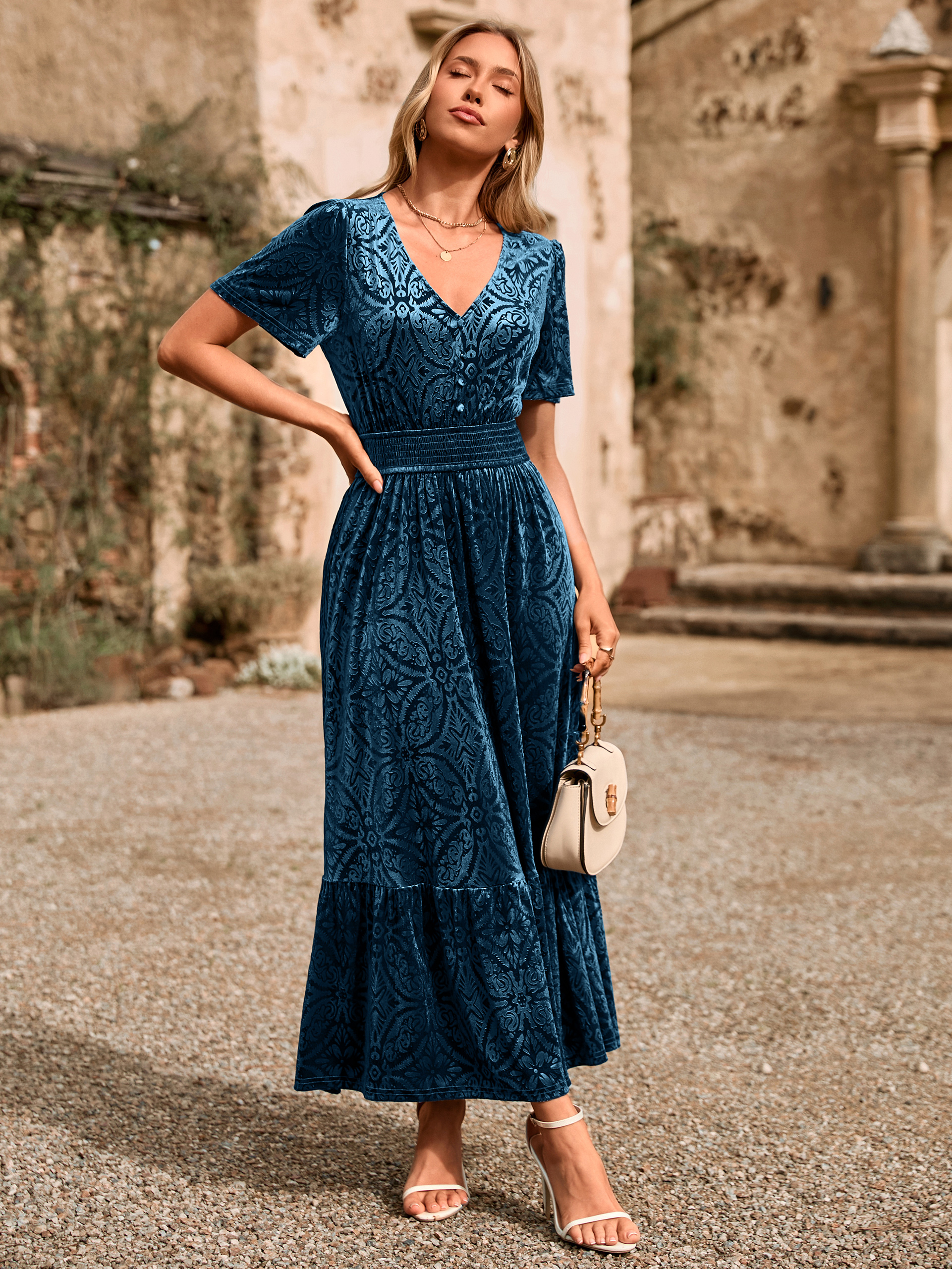Velvet Floral V Neck Wedding Guest Maxi Dress