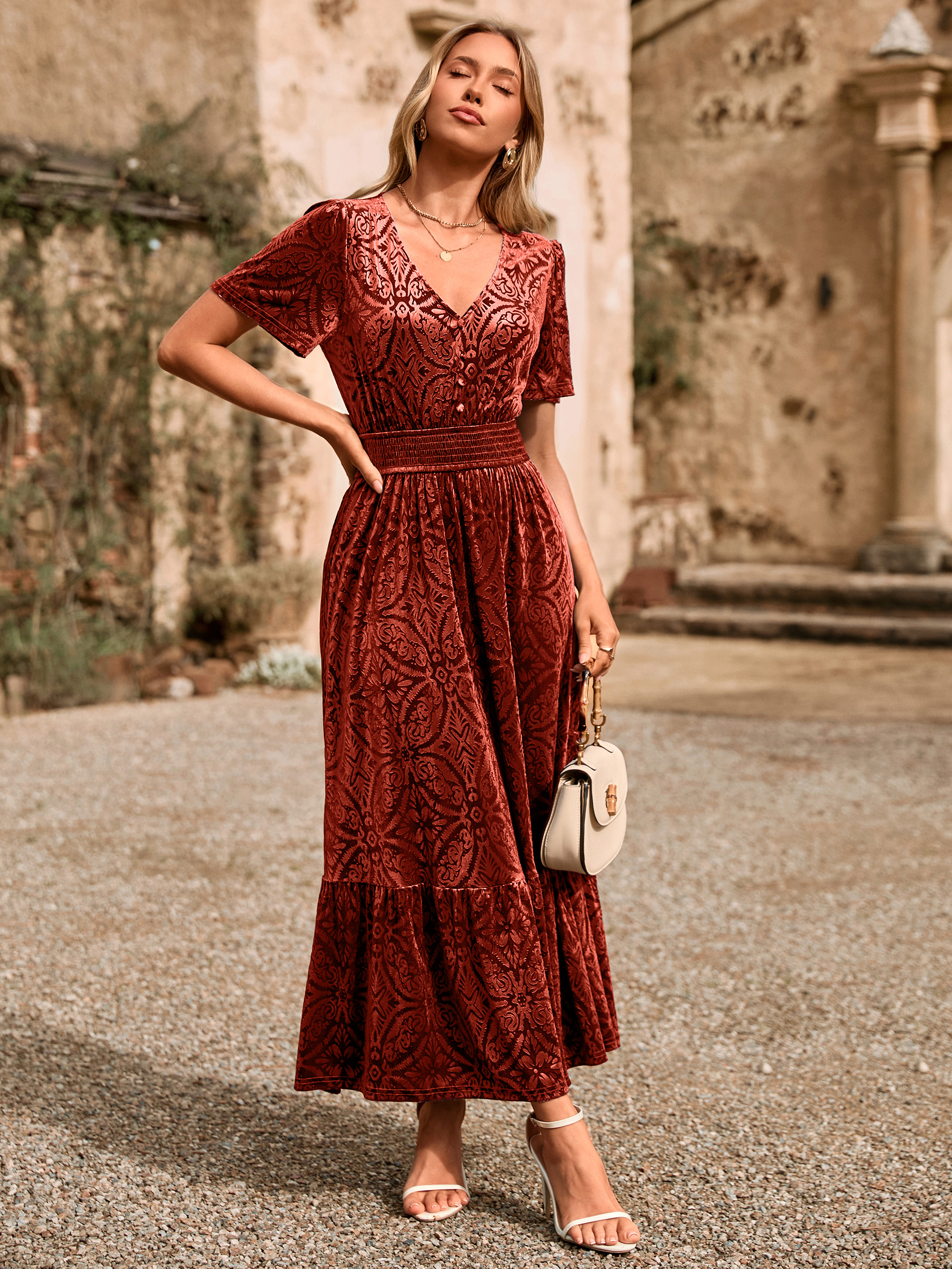Velvet Floral V Neck Wedding Guest Maxi Dress