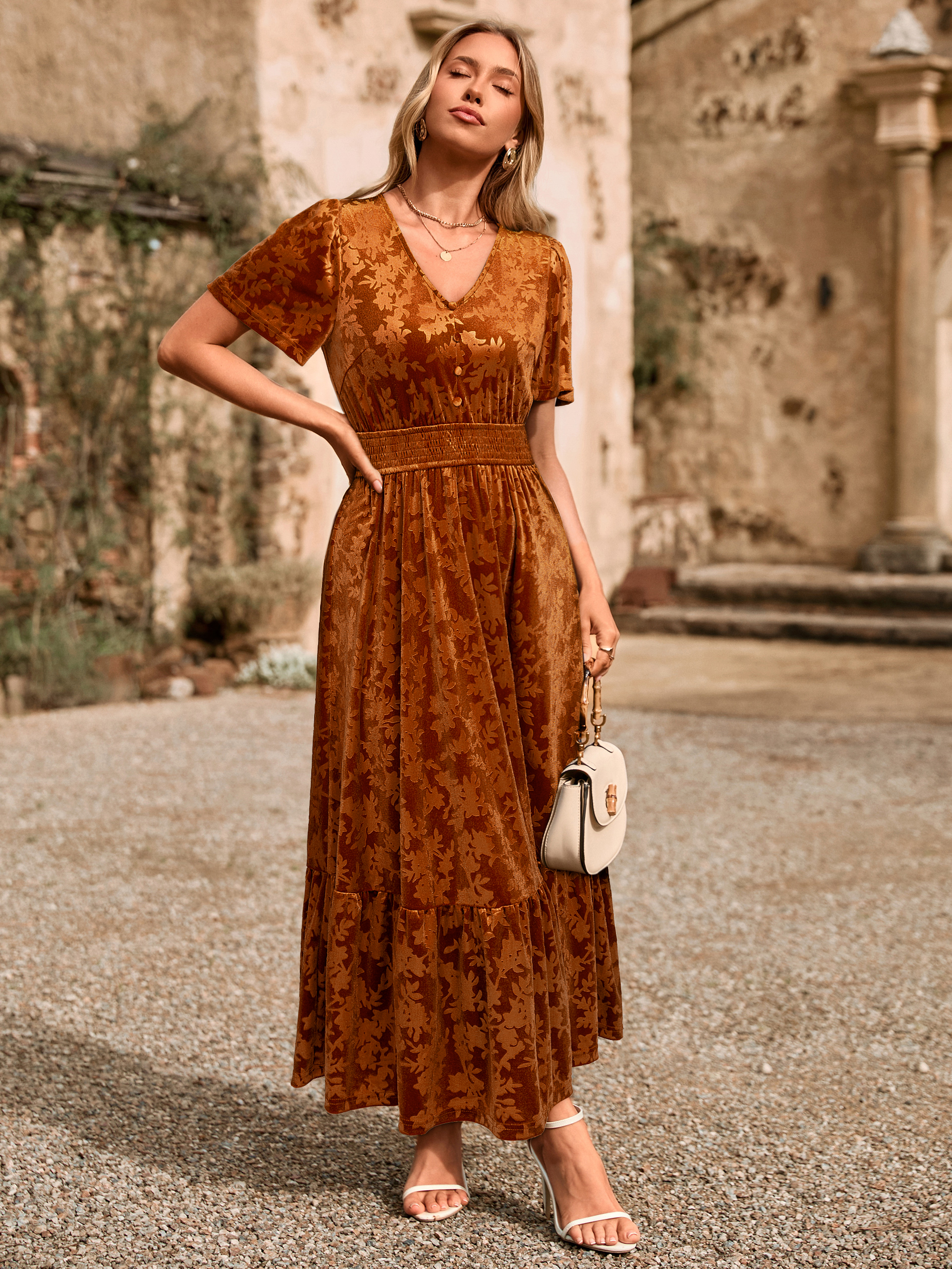 Velvet Floral V Neck Wedding Guest Maxi Dress