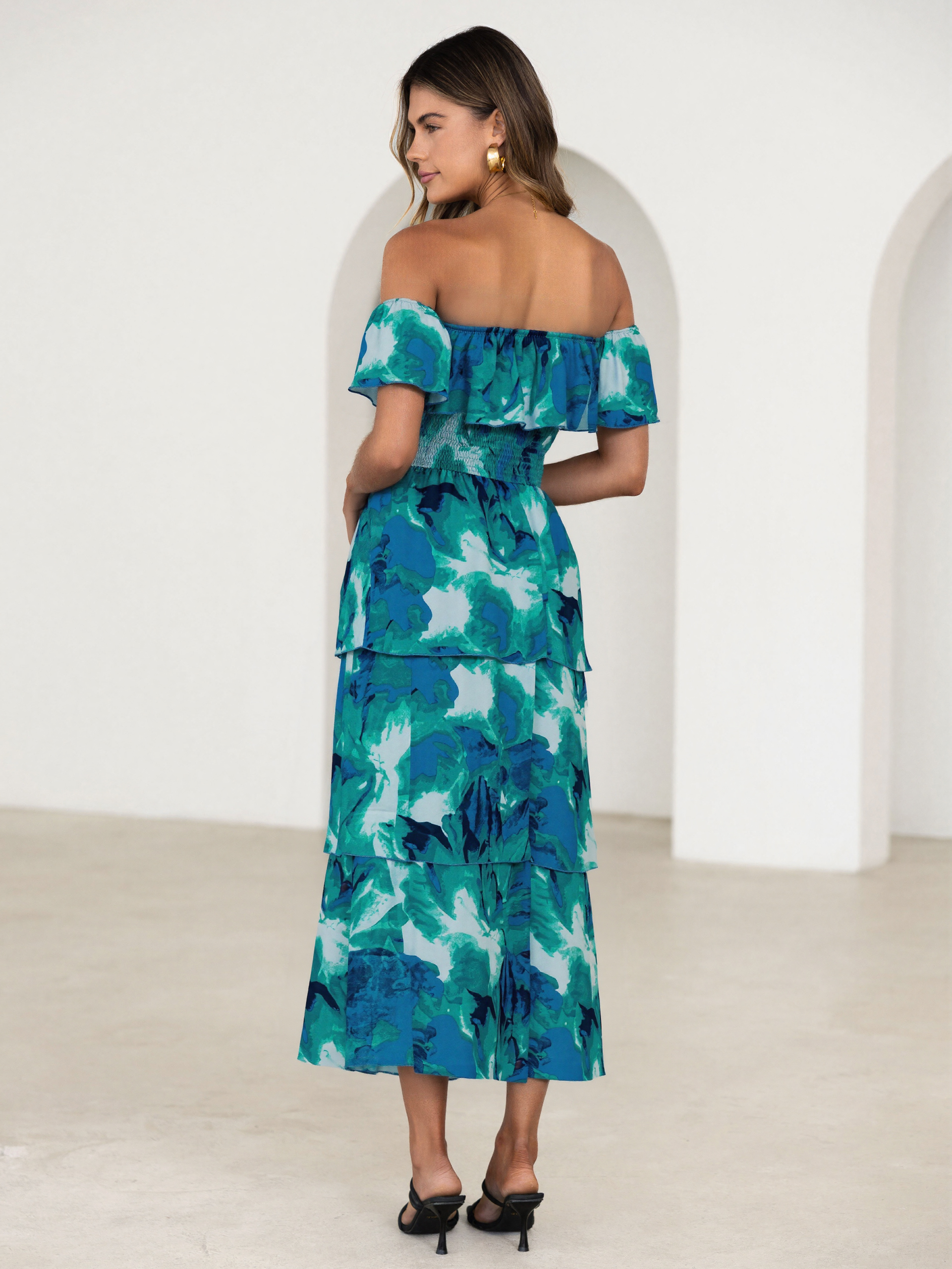 Off Shoulder Multicolor Ruffle Tiered Maxi Dress