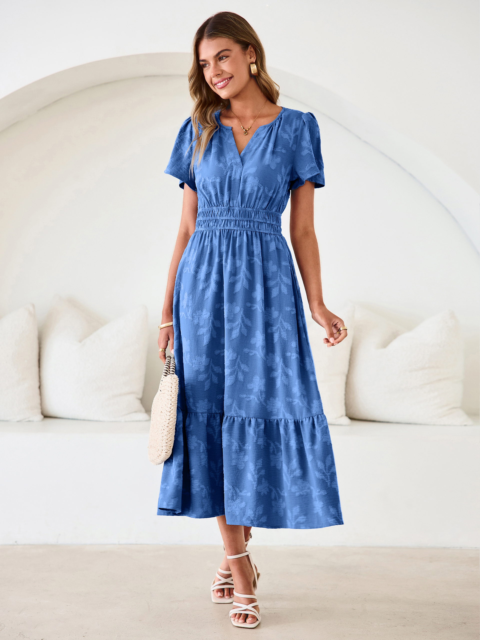 V Neck Burnout Floral Ruffle Maxi Dress