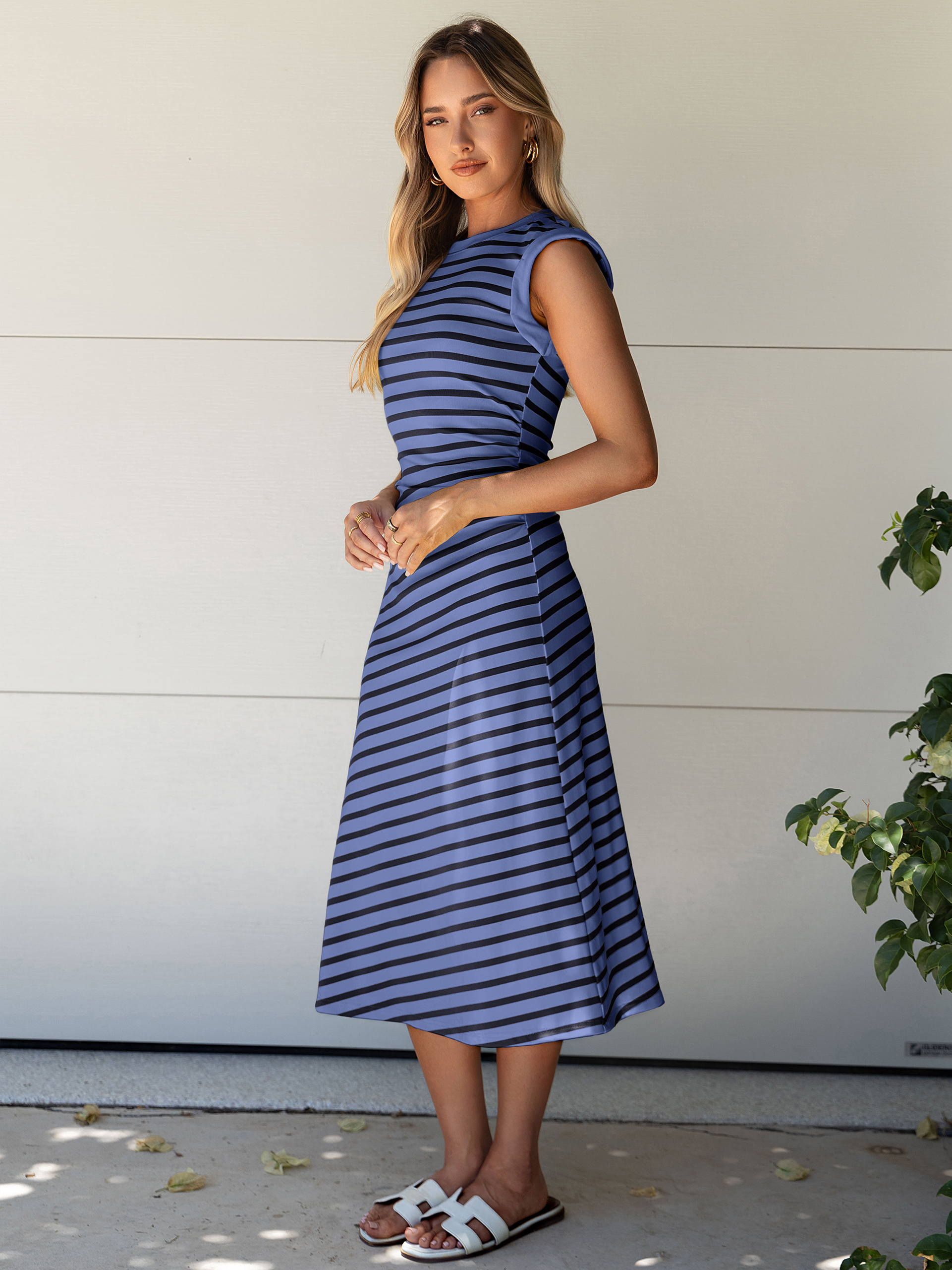 Striped Sleeveless Crew Neck A-Line Midi Dress