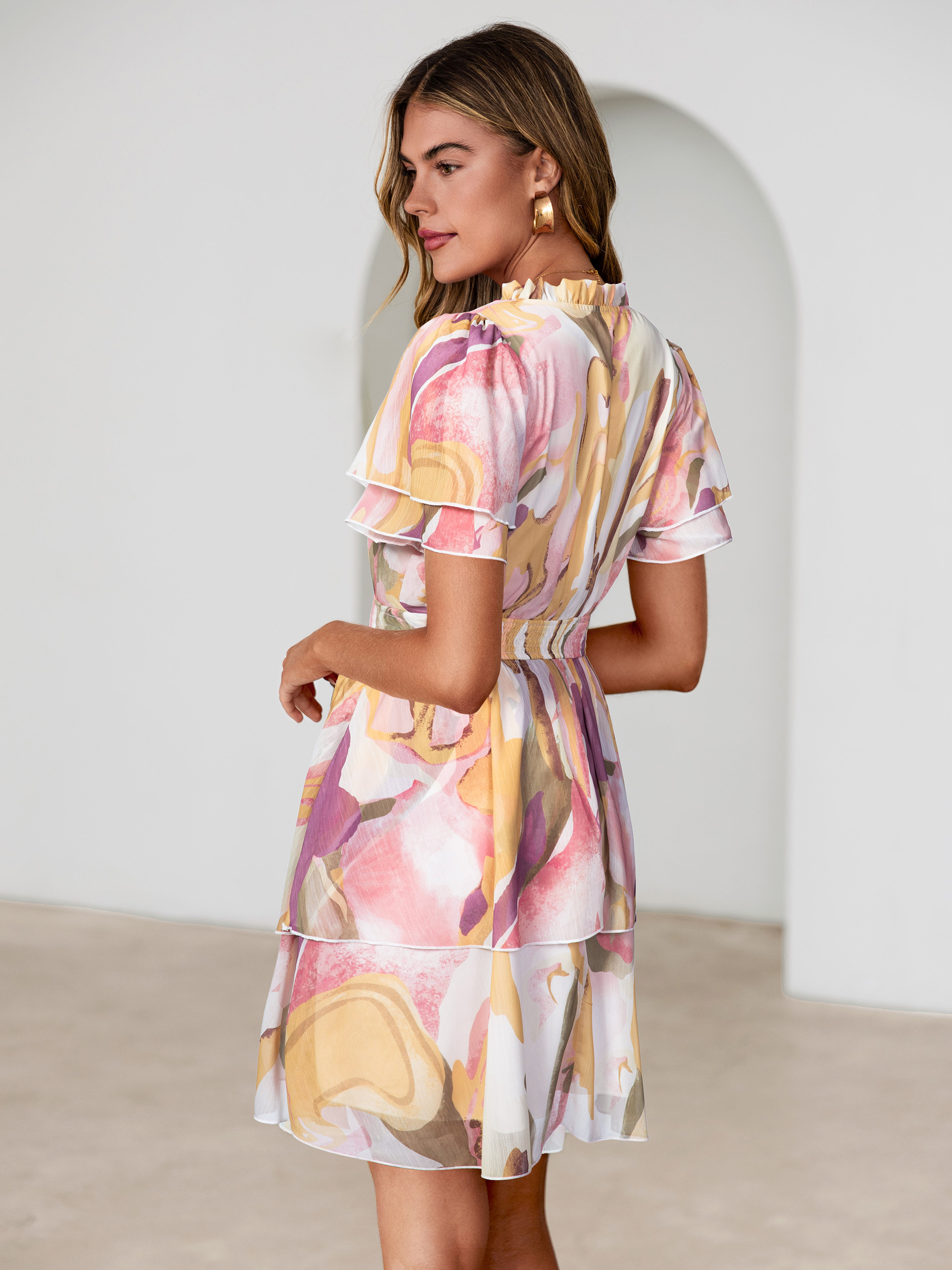 Floral Print V Neck Smocked Tiered Mini Dress