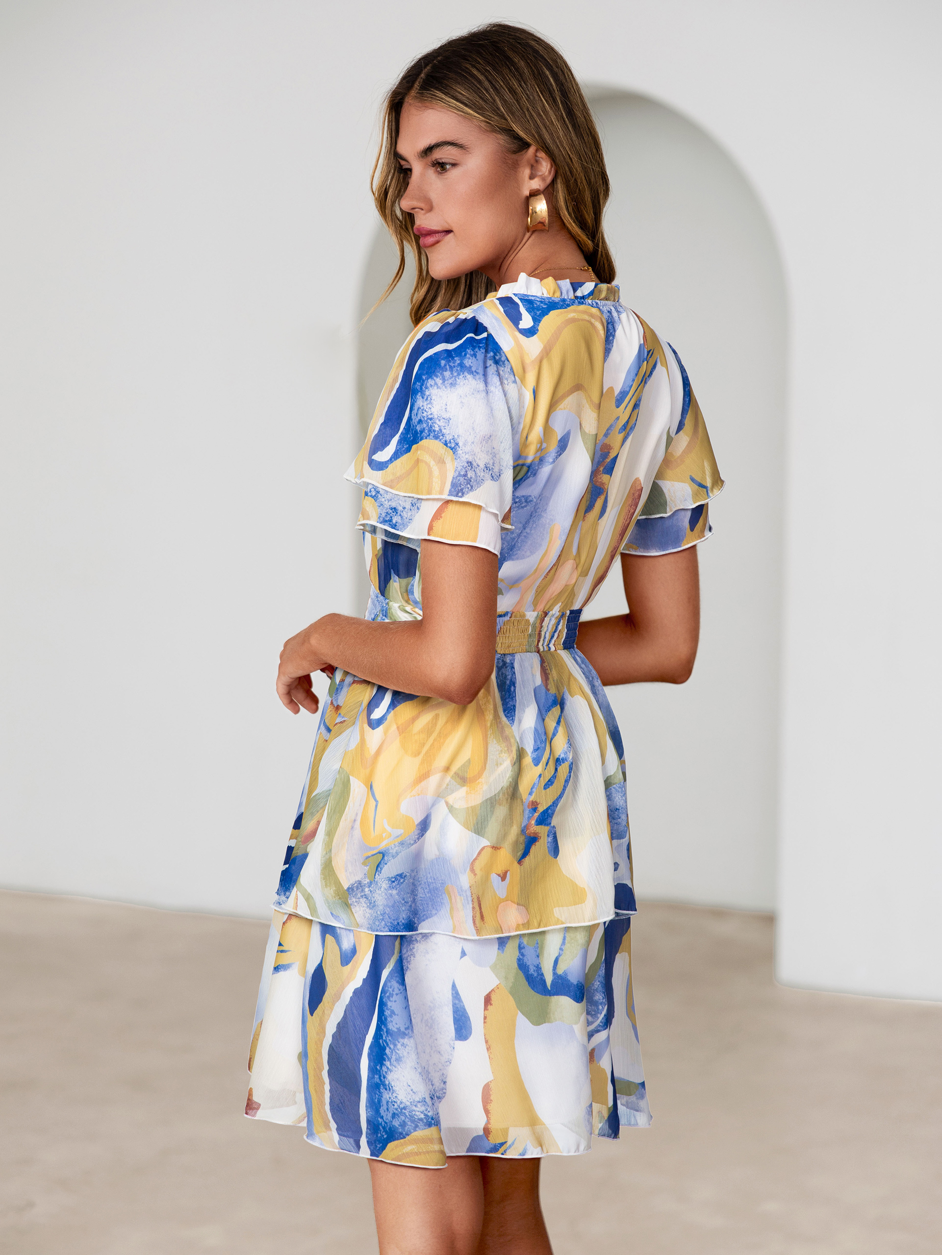 Floral Print V Neck Smocked Tiered Mini Dress