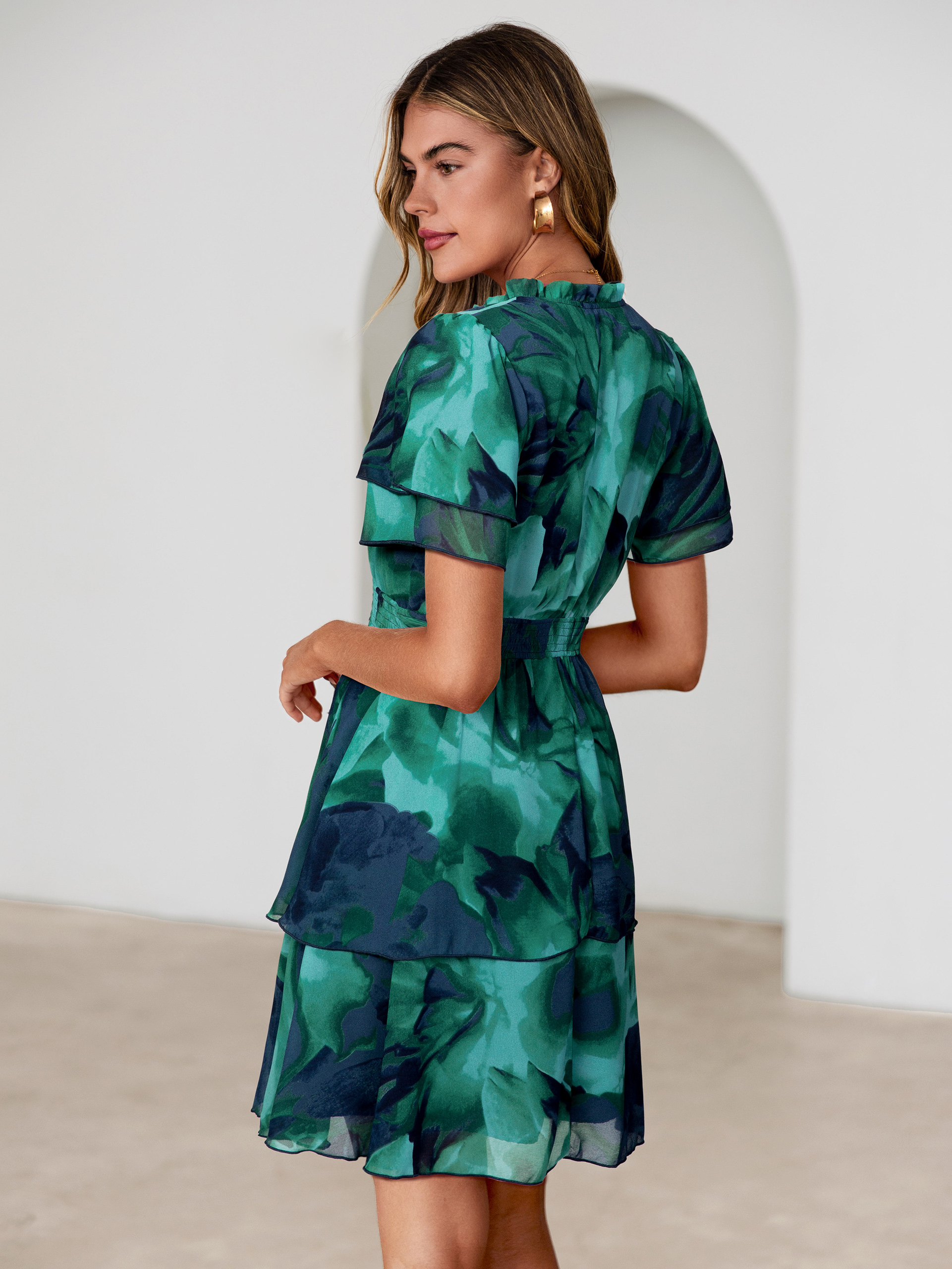 Floral Print V Neck Smocked Tiered Mini Dress