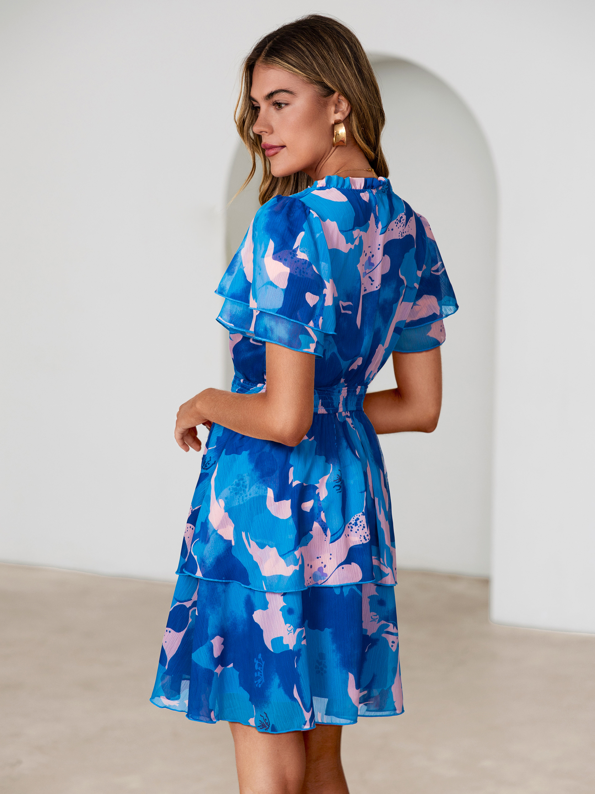 Floral Print V Neck Smocked Tiered Mini Dress