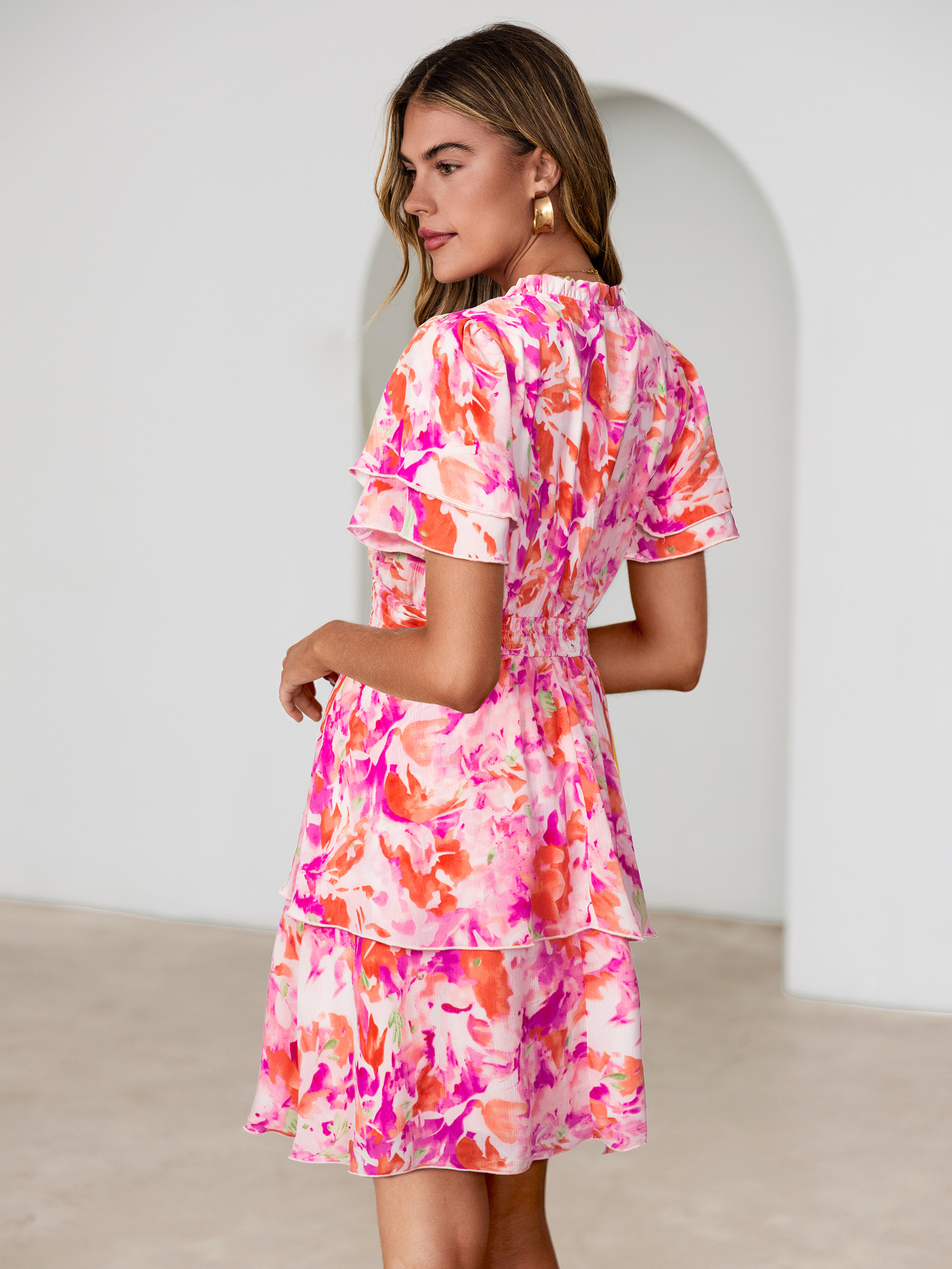 Floral Print V Neck Smocked Tiered Mini Dress