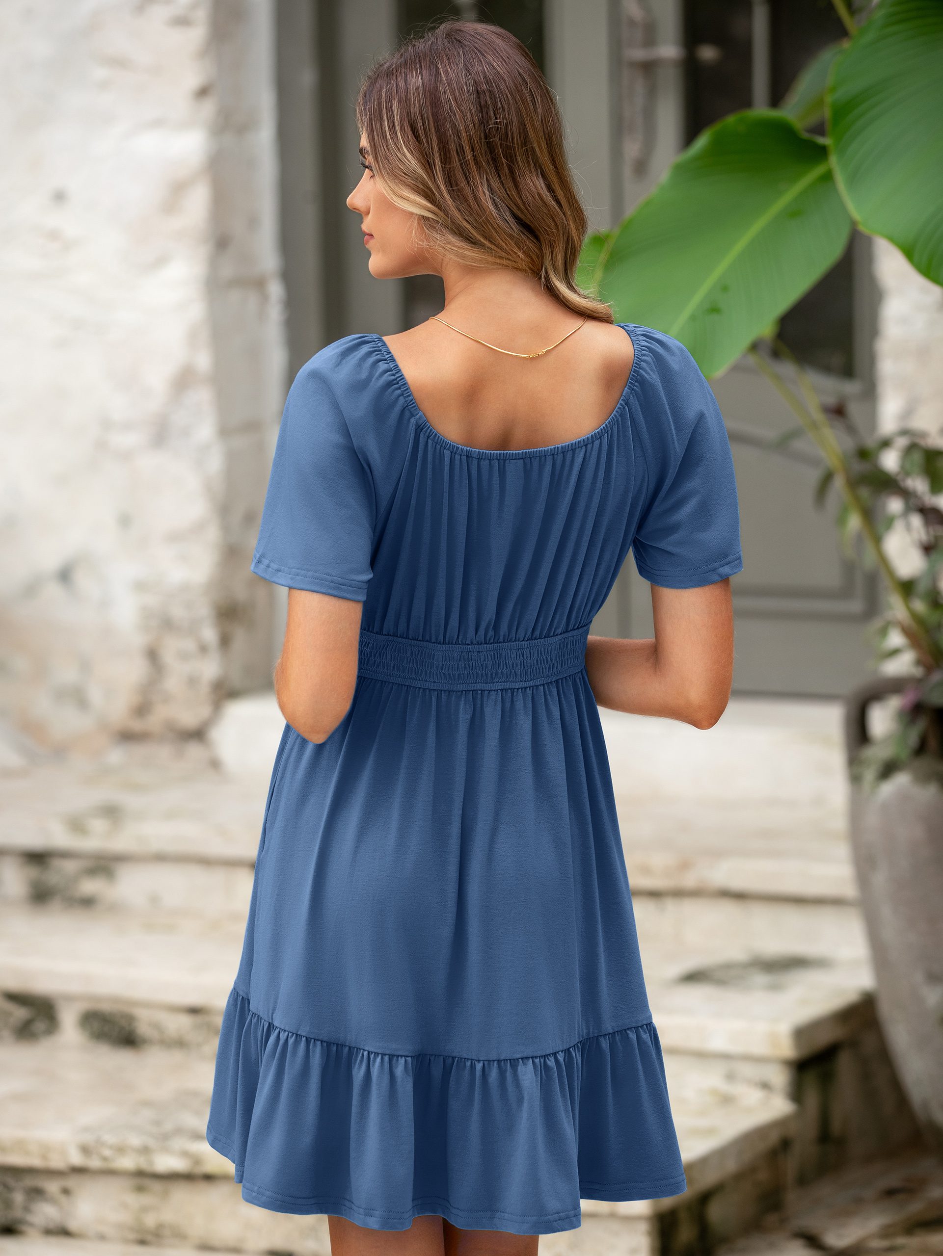 Square Neck Stretchy Tiered Waist Midi Dress