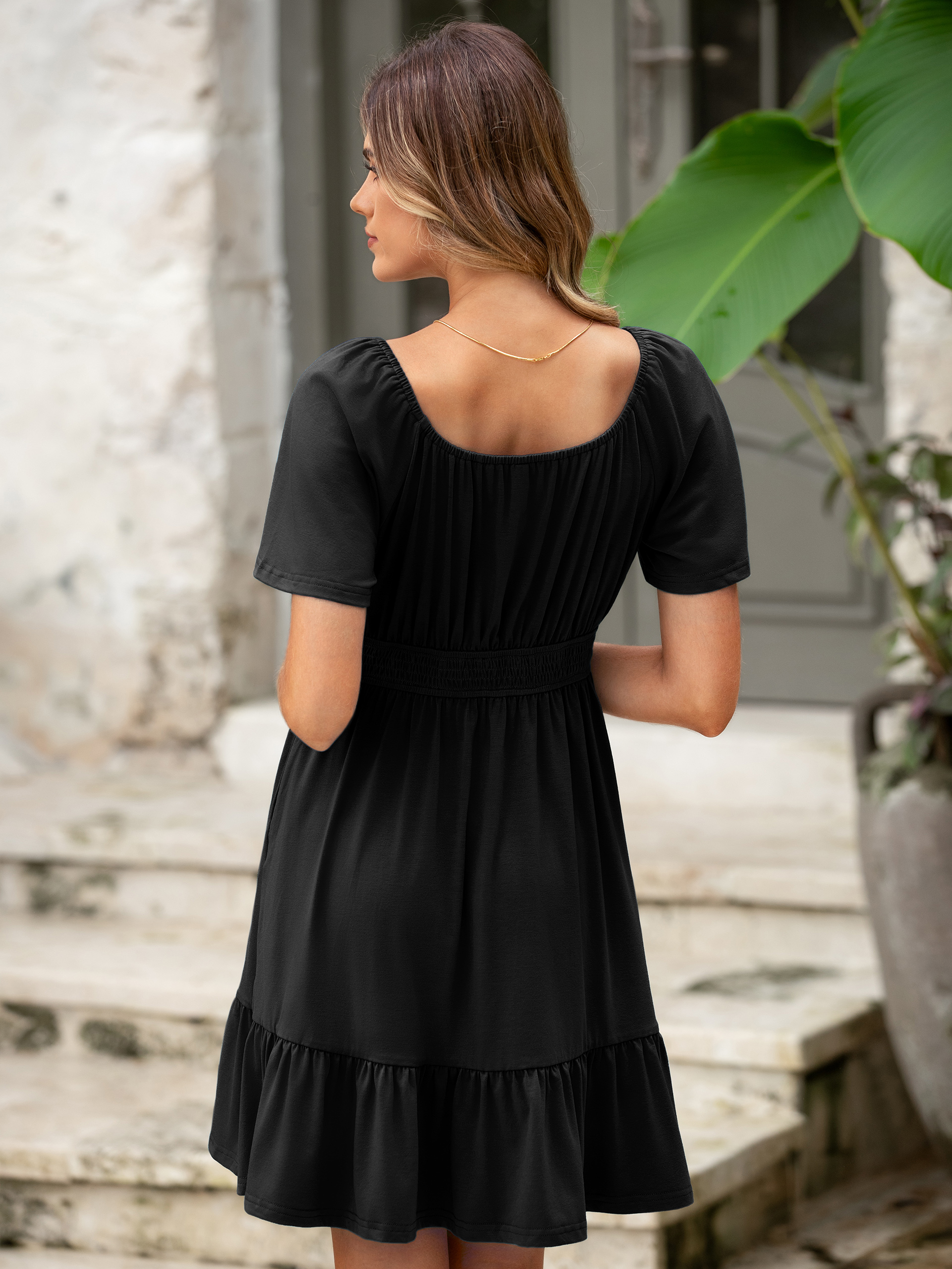 Square Neck Stretchy Tiered Waist Midi Dress