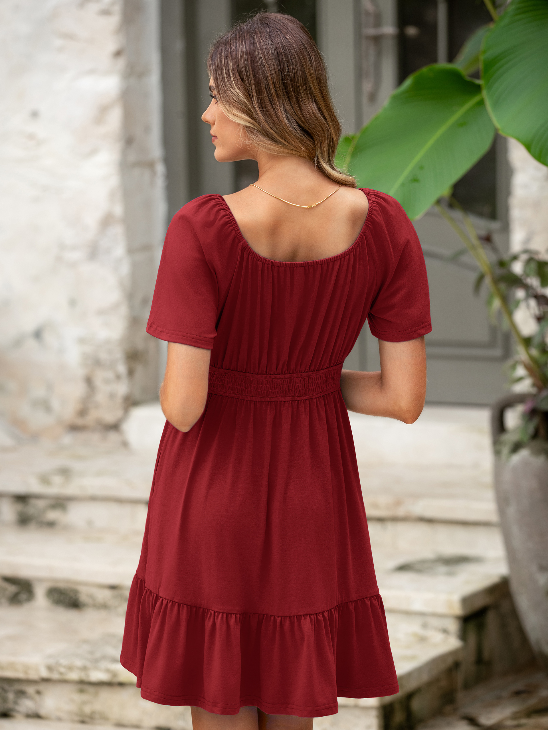 Square Neck Stretchy Tiered Waist Midi Dress