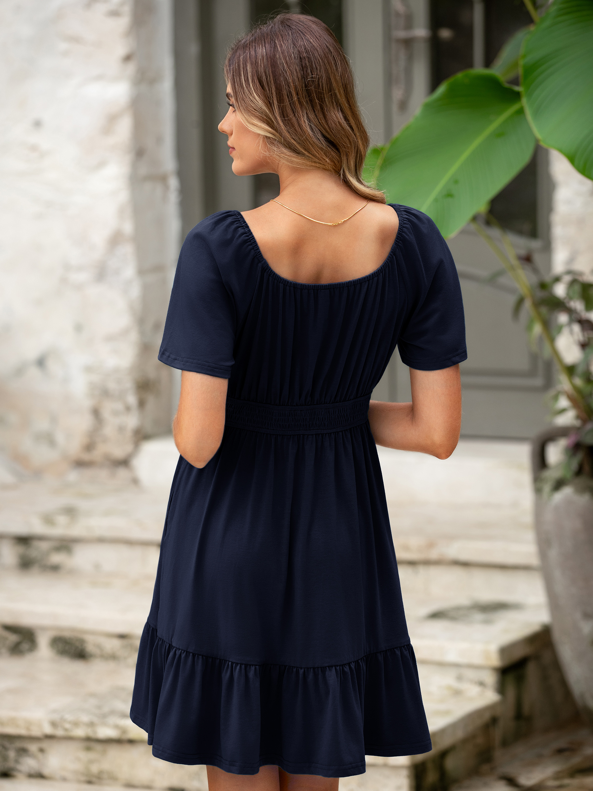 Square Neck Stretchy Tiered Waist Midi Dress