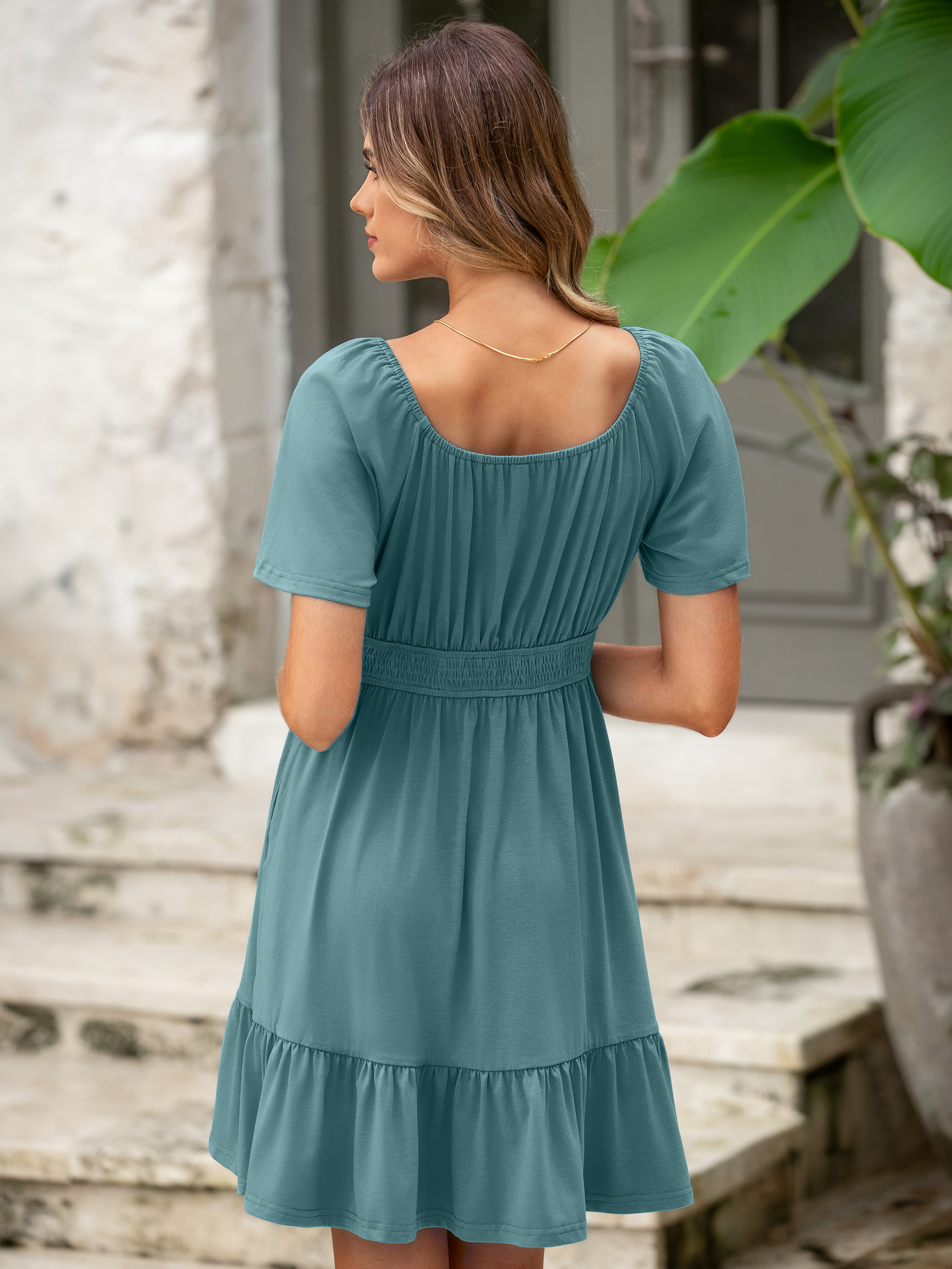 Square Neck Stretchy Tiered Waist Midi Dress