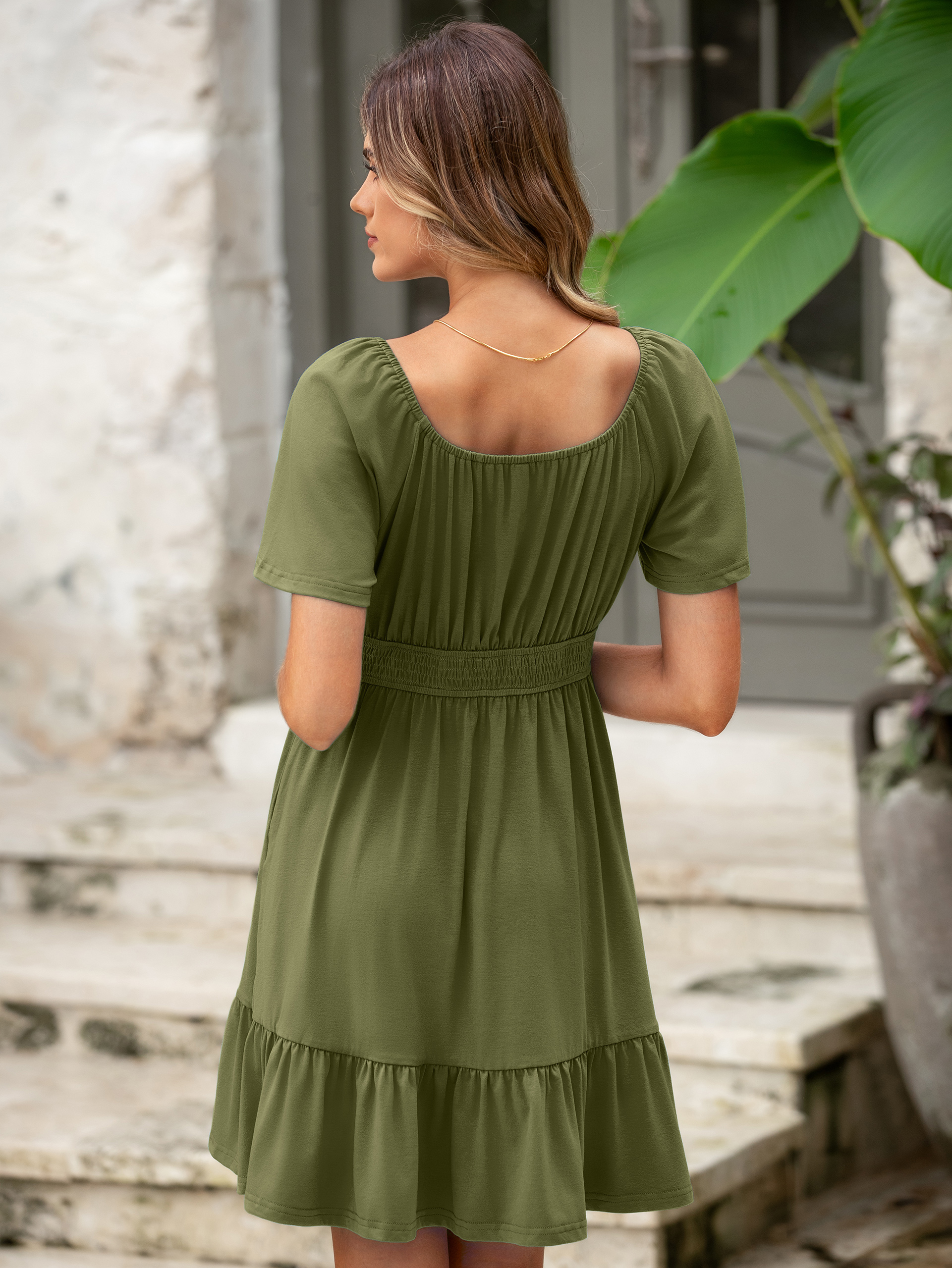 Square Neck Stretchy Tiered Waist Midi Dress